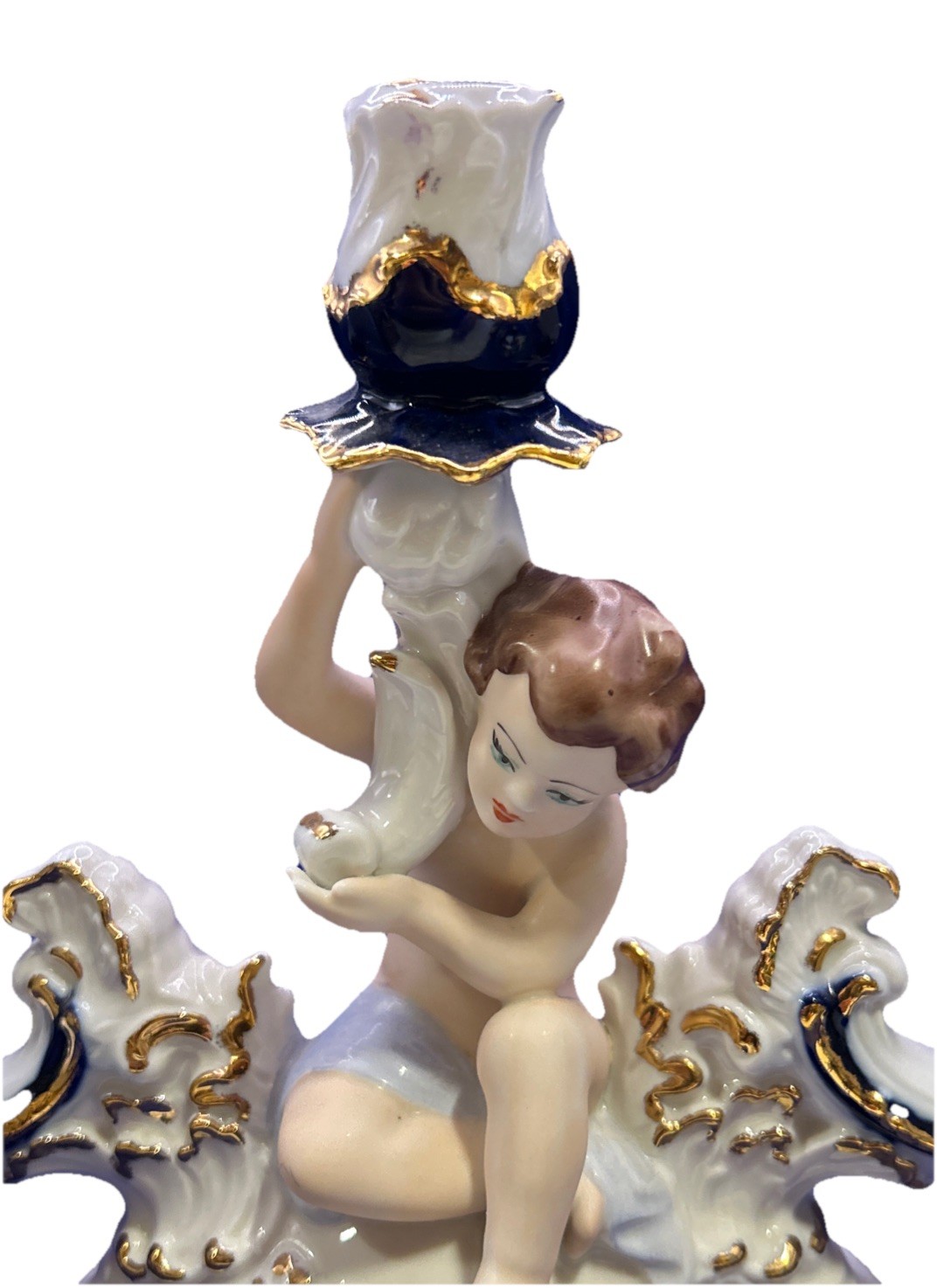 Vintage ARPO Fine Porcelain Candle Holder With Cherubs Candelabra Romania Rare
