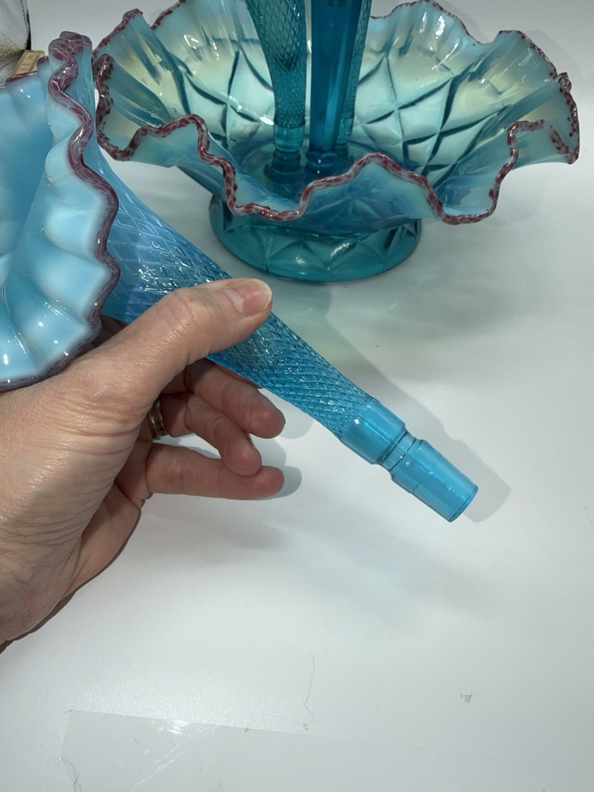 Vintage Epergne Northwood 4 Horn Opalescent Blue Red Frit Stunning READ RARE