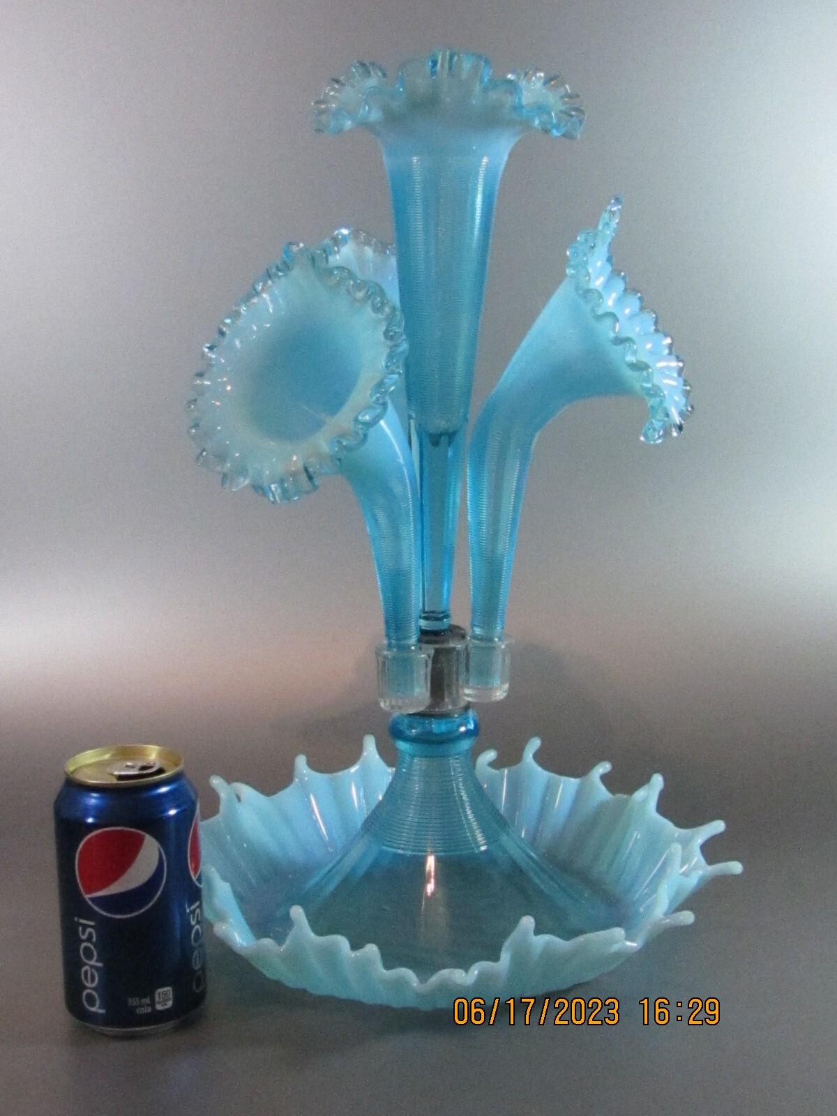 Vintage Mold Blown Ribbed Opalescent Blue Glass Fenton Large Epergne Four Horn