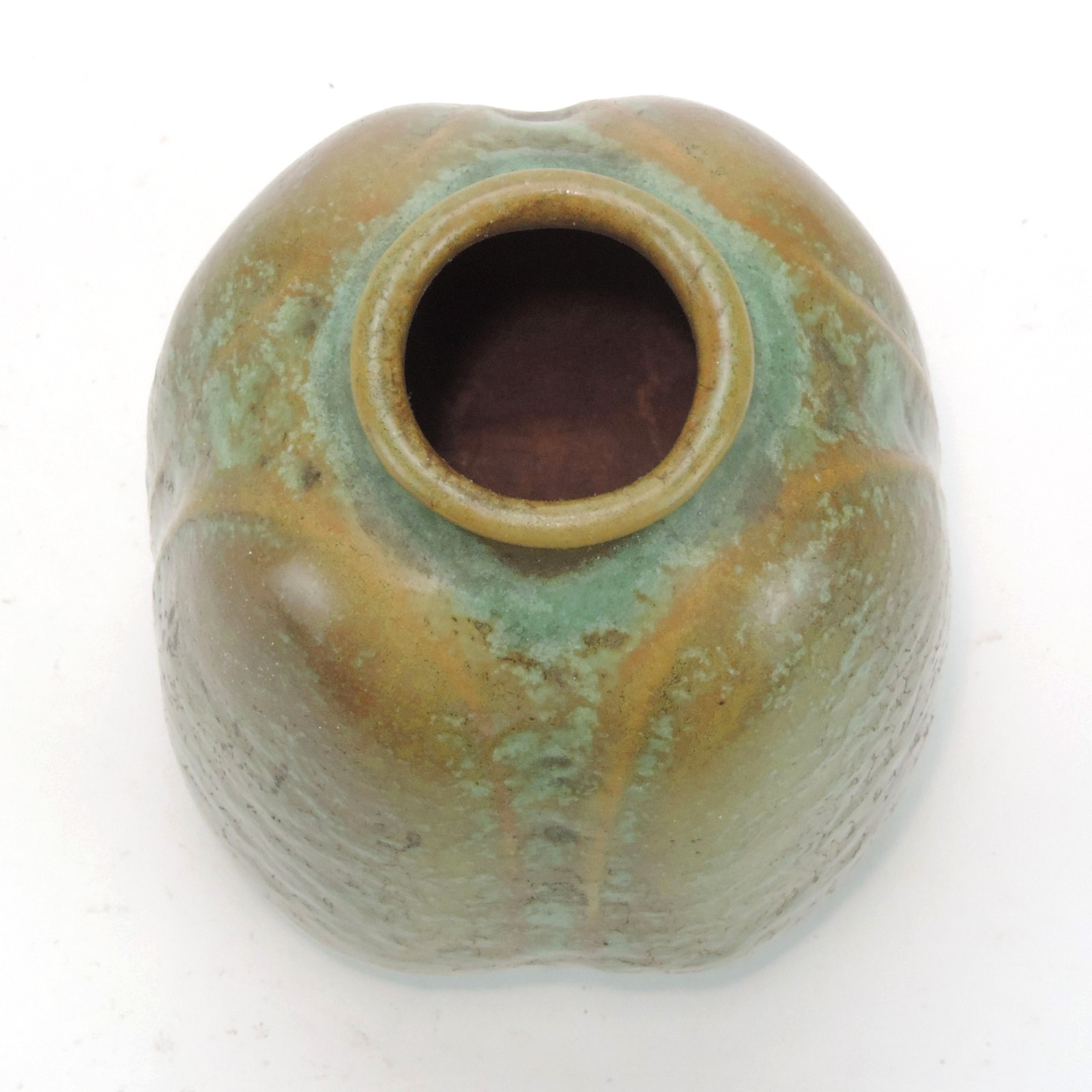 Chicago Crucible green brown mottled glaze 4 7/8″ lobed form vase arts & crafts