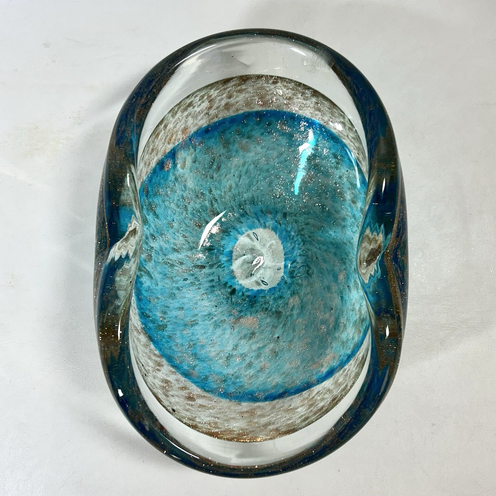 Vtg Italian Aquamarine Teal & Gold Fleck Aventurine Bowl 8″ 2.75 lbs Murano?