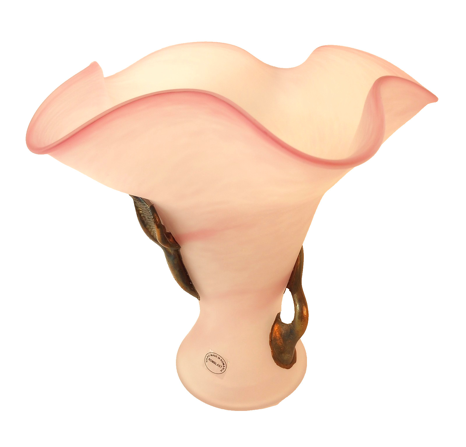 Romblast Vase Frosted Pink Glass w/ Copper Leaves Ruffled Handblown Romania