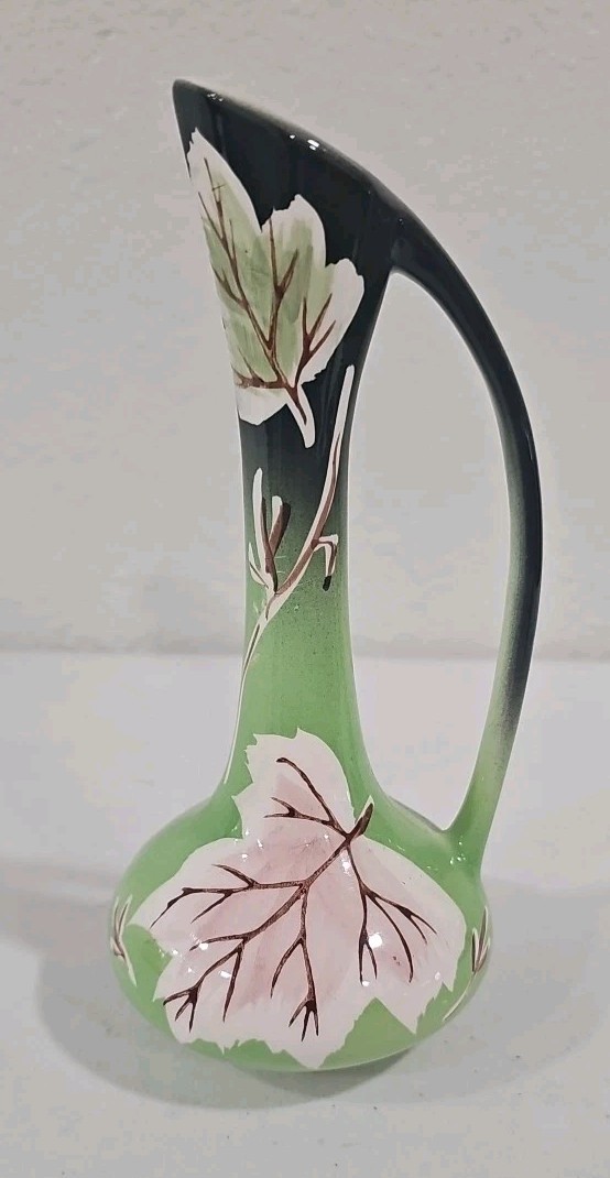 Vintage Rubens Original Art Pottery Hand Painted Green Ceramic 7″ Asian Vase