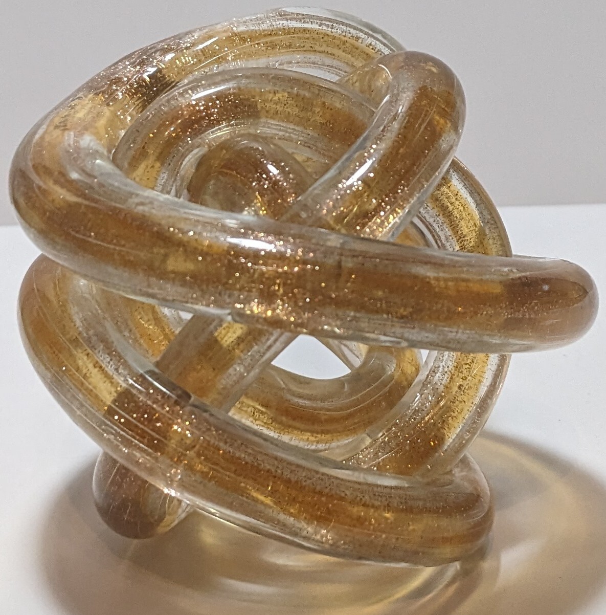 Amber Orange Gold Flake Art Clear Glass Glitter Twist Infinity Knot Paperweight
