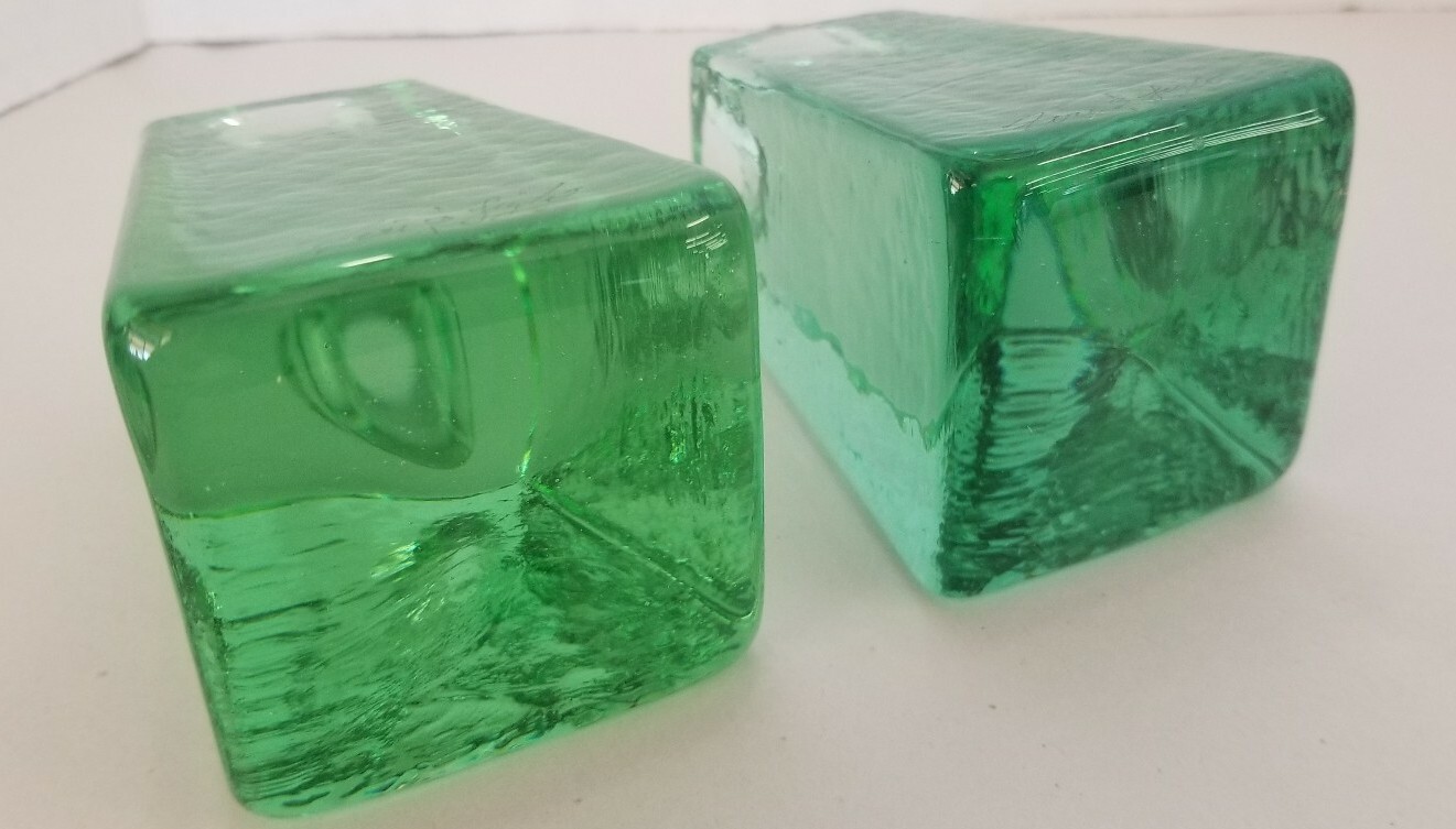 Rare Signed Fire And Light Recycled Glass Candle Holder Pair in stunning green
