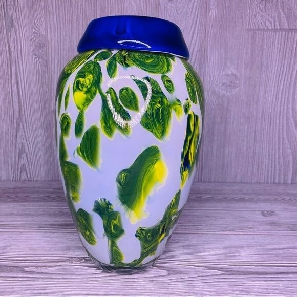 Art Glass Vase Blown Glass White Green Yellow With Rolled Rim decoration vase
