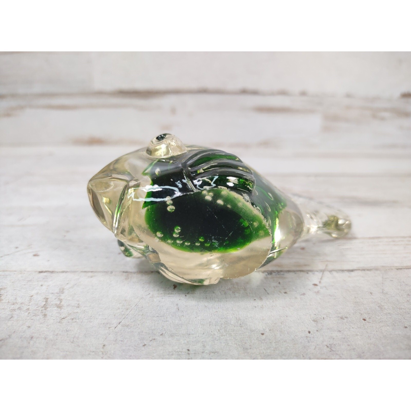 Vintage Controlled Bubble Hand Blown Glass Fish Koi Paperweight Green and Clear
