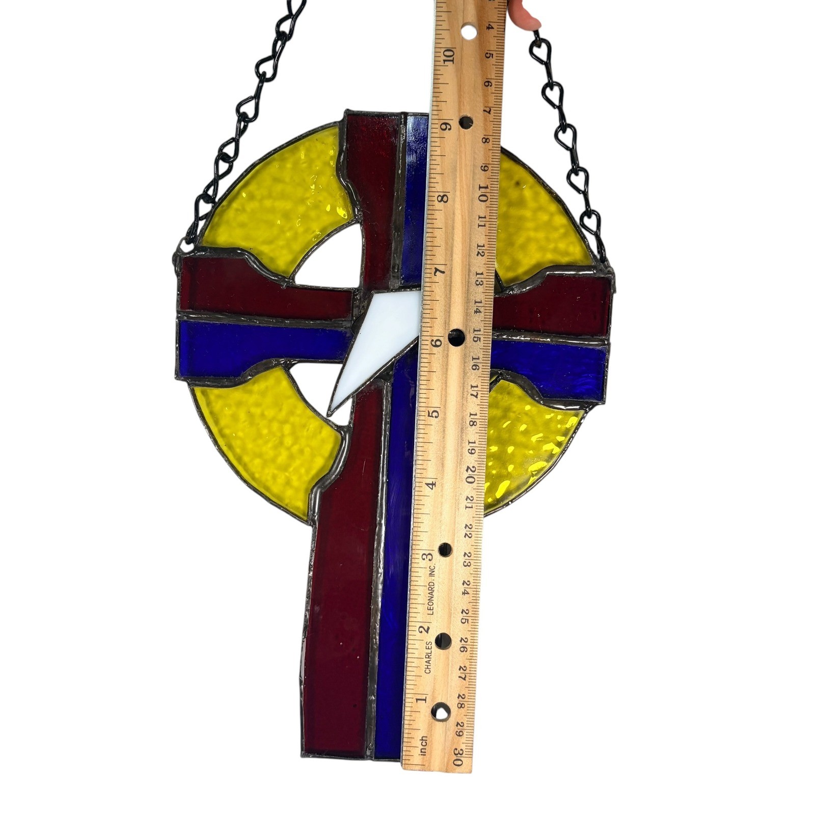 VTG Stained Glass Celtic Cross Suncatcher Red Blue Yellow Religious Glass Art