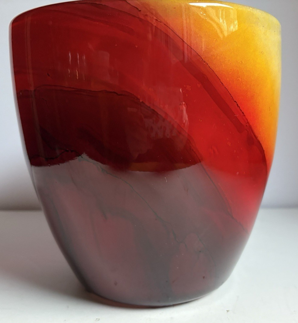 Glass Vase in Red, Black & Yellow, &” tall & wide Beautiful