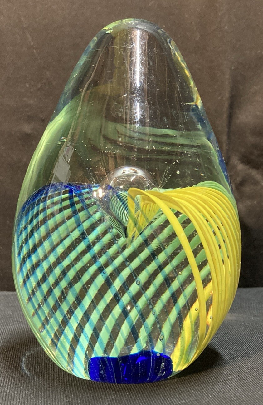 Hand Blown Glass Green Blue Yellow Striped Teardrop Paperweight 5.25”
