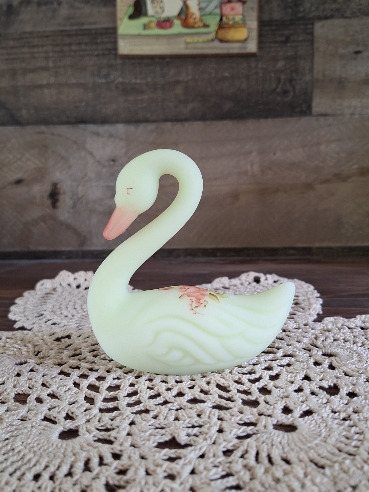 Fenton Roses On Custard Swan Uranium Glass UV Reactive Hand Painted Signed