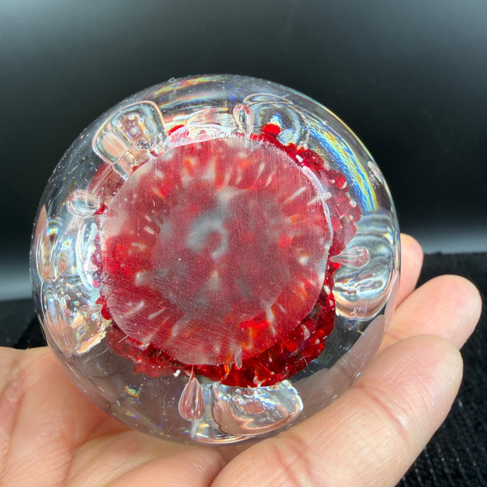 Art Glass Paperweight Egg Controlled Bubble Red Fritted Base 3 Inch Desk Decor