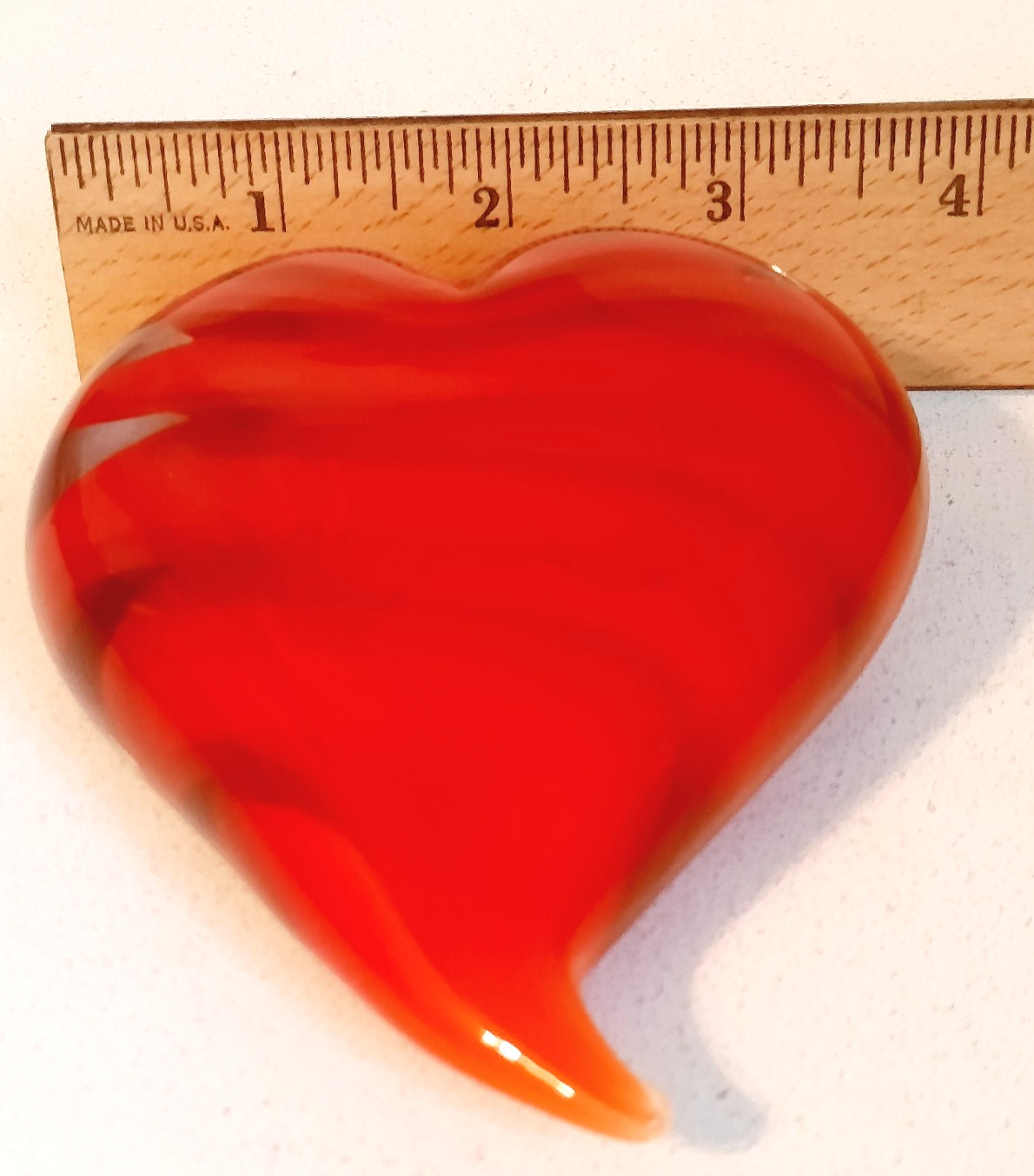 Ruby Red Hand Blown Art Glass Heart Shaped Paperweight Ribbon Swirl Gallerie II