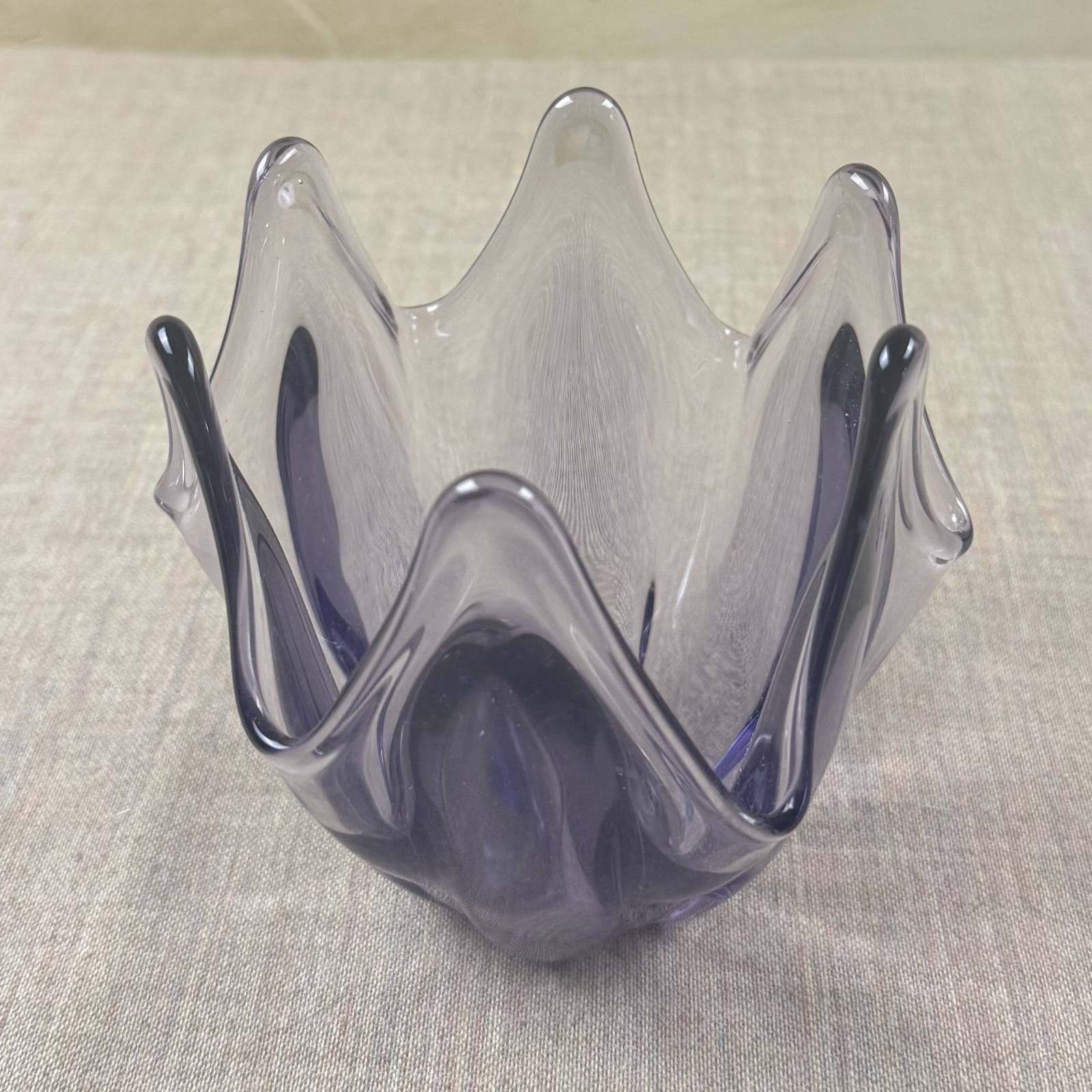 Vintage Amethyst Art Glass Votive – Hand Pulled Wave Rim – 5″ Decor Bowl