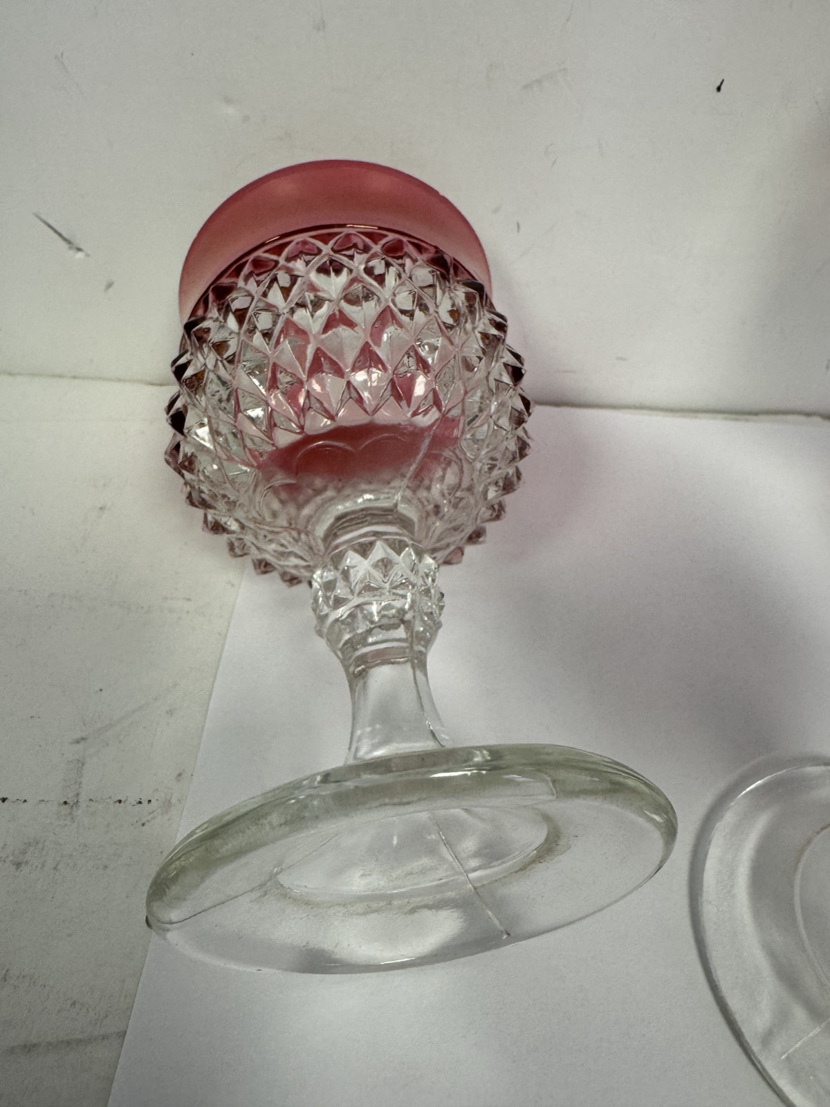 x4 LOT Vtg Indiana Glass Diamond Point Footed Goblets w/Cranberry Flash.