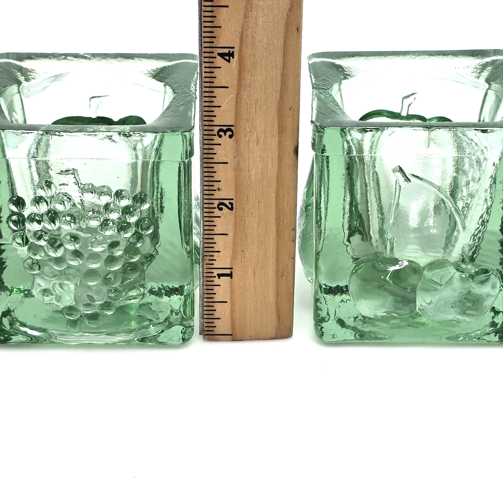Vintage Green Recycled Glass Fruit 3D Raised Candle Holders Heavy Set Of 2