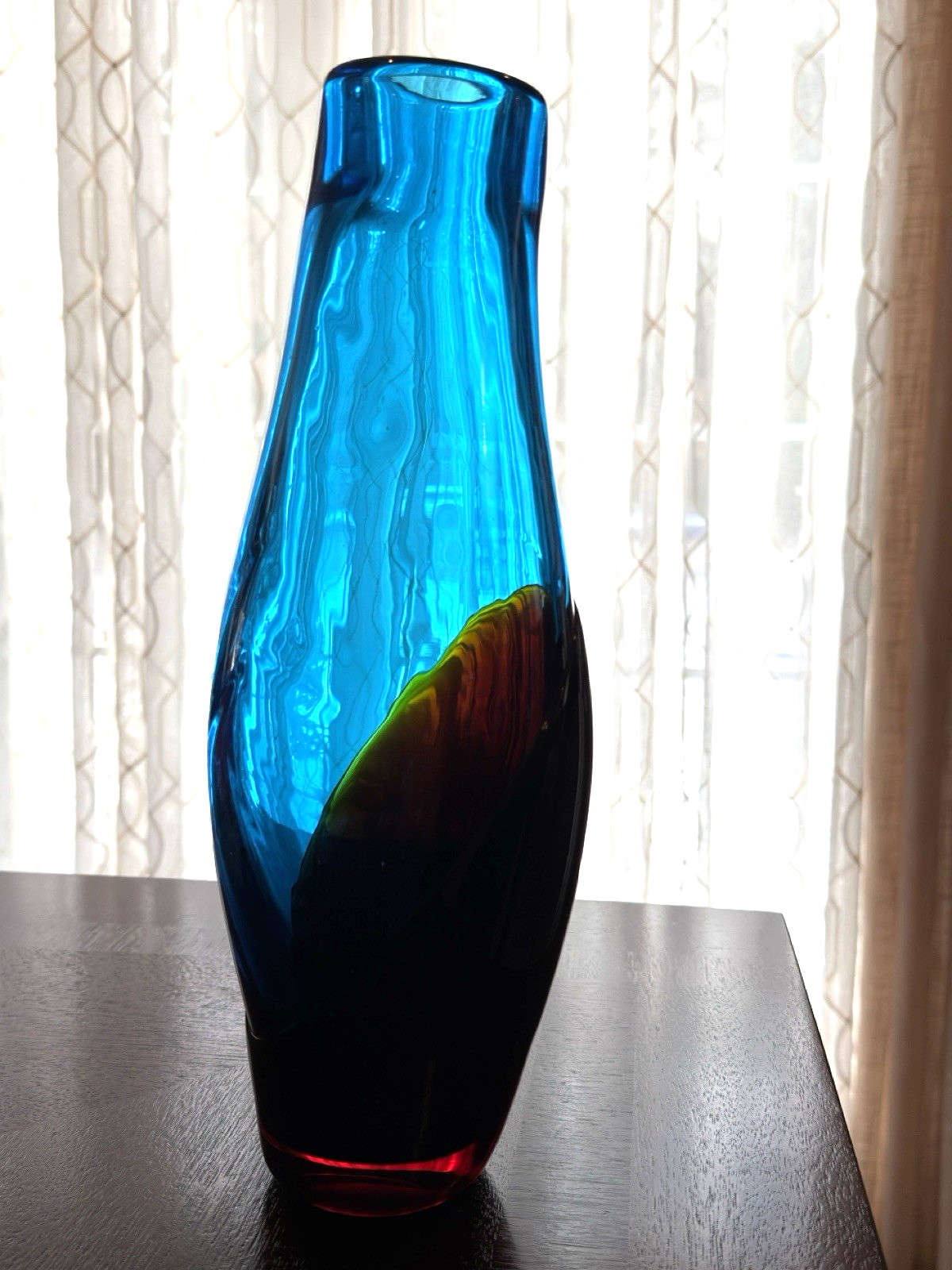 MURANO Style Tapered Layered Vase Blue/Amber /Red 14 inches Tall