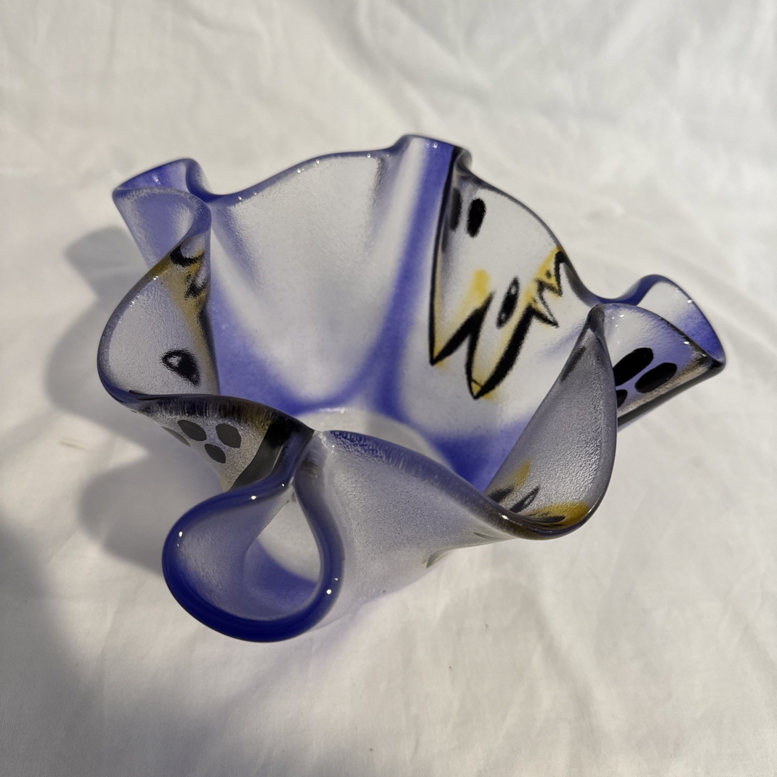 Kosta Boda Ulrica Hydman Vallien Blue Yellow Dog Puppy Vase 1990s Signed