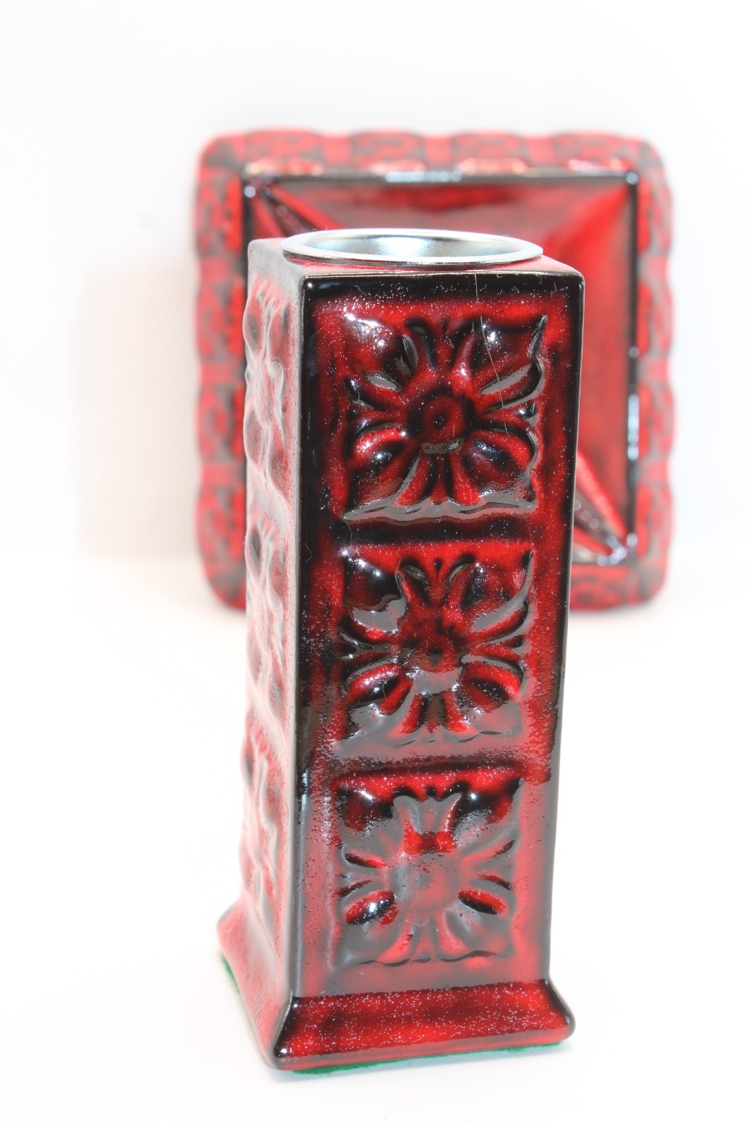 Vintage West Germany Style Ceramic Ash Tray & Candle Holder Beautiful Red Glaze