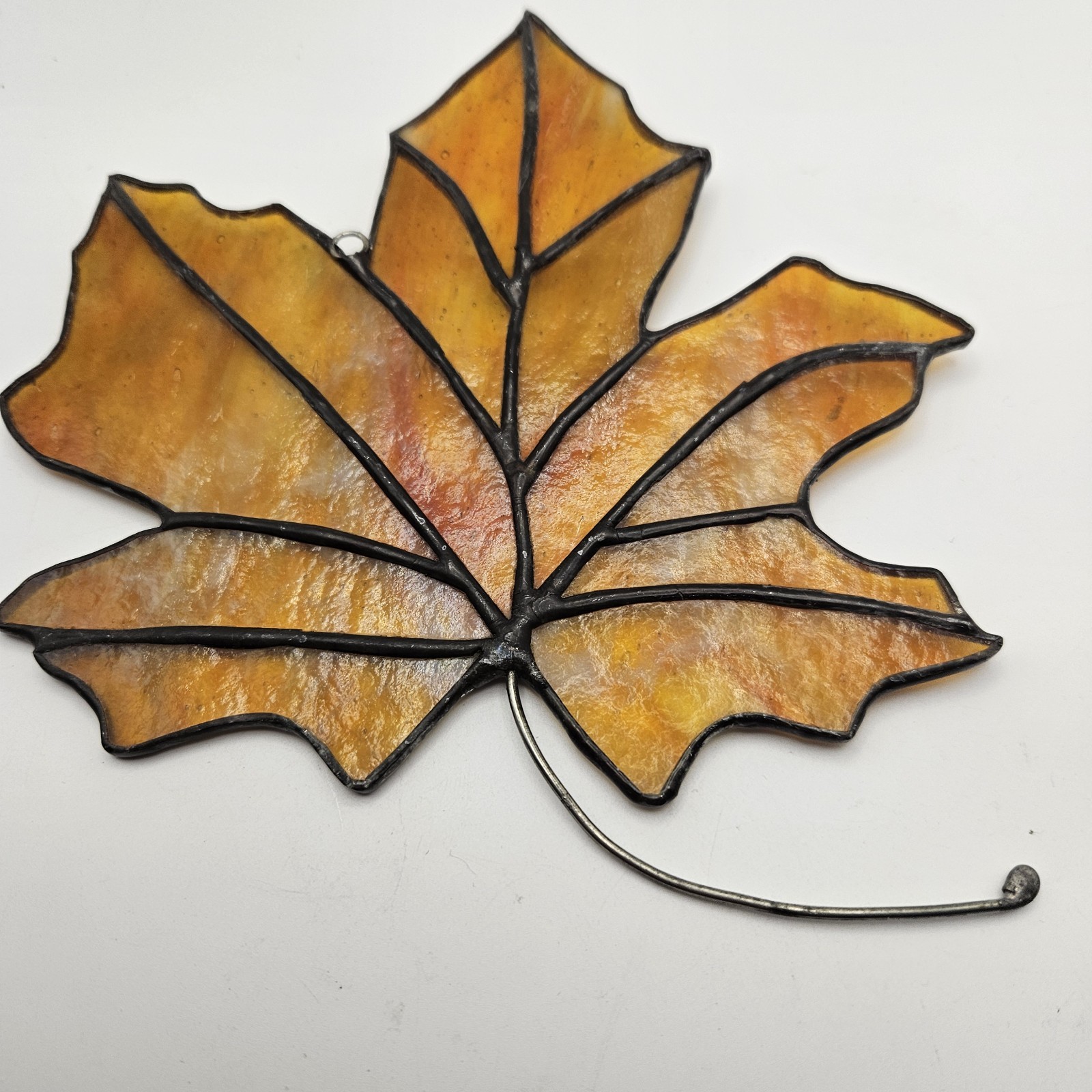 Hand-Crafted Stained Glass Art Glass Gold/Orange Maple Leaf with Hanging Loop 6”