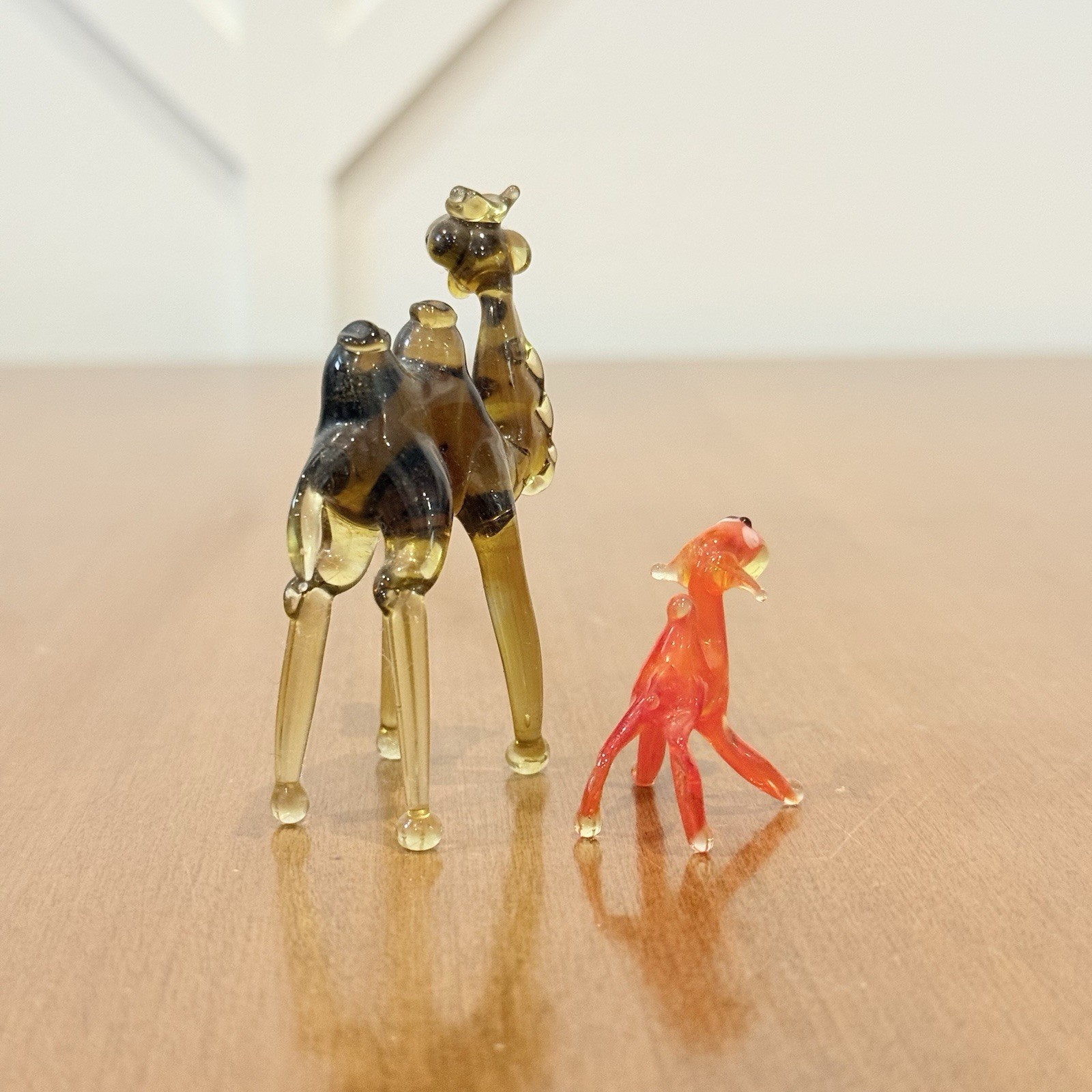Hand Blown Art Glass Camel Figurine Set Of 2 Brown Orange Mini Trinket Shelf