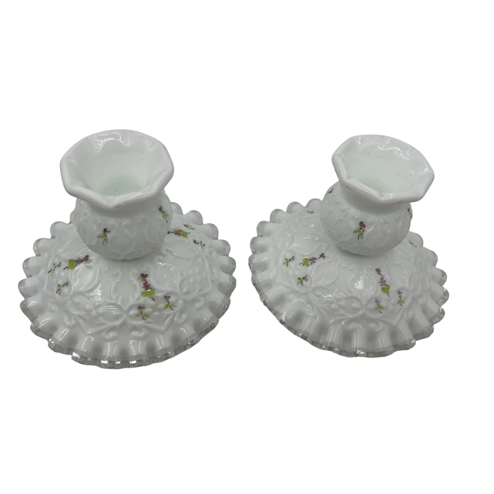 Vtg Fenton Violets in the Snow Silver Crest Candlesticks Pair HandPainted Signed