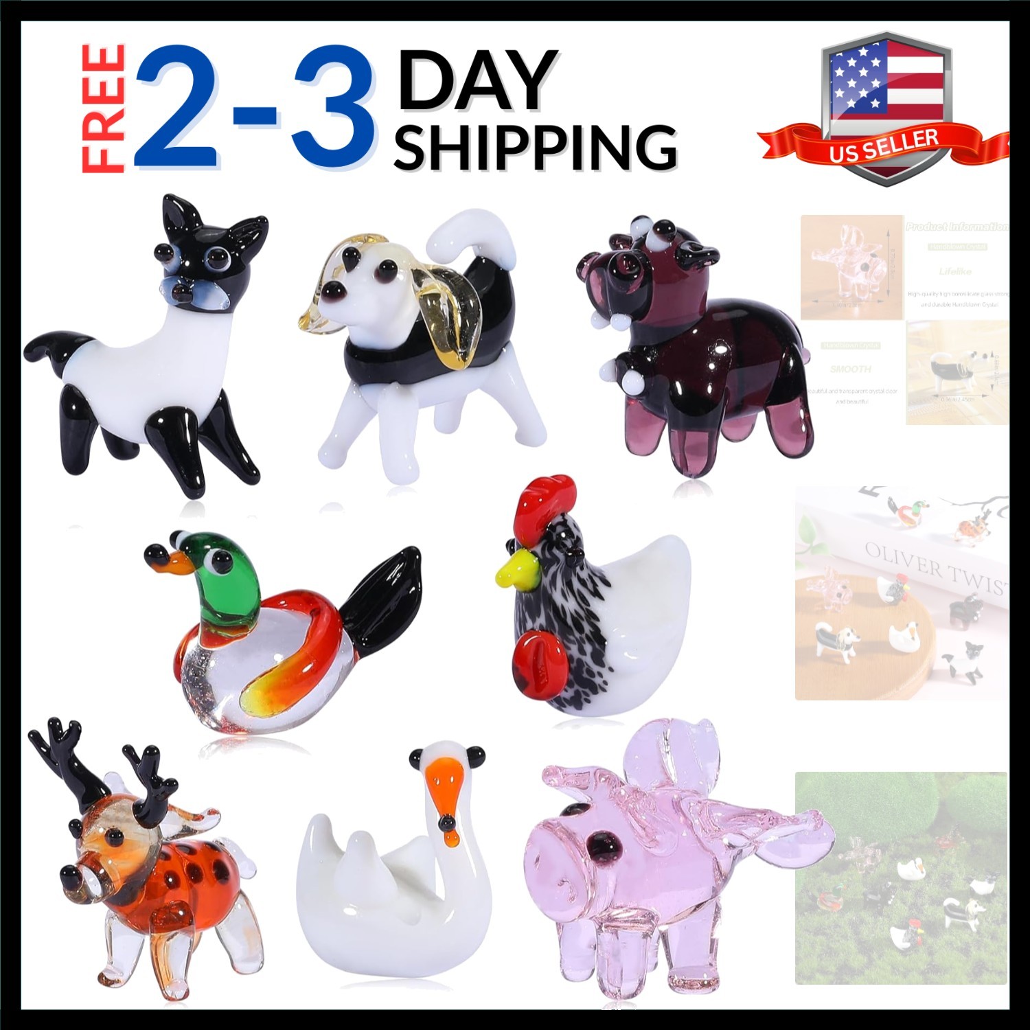 8 Piece Hand Blown Glass Figurines Glass Miniatures Includes Dog, Rooster, De…