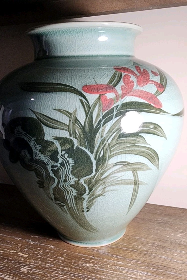 Vintage Korean Crackle Green Vase 11.5 Inches Tall