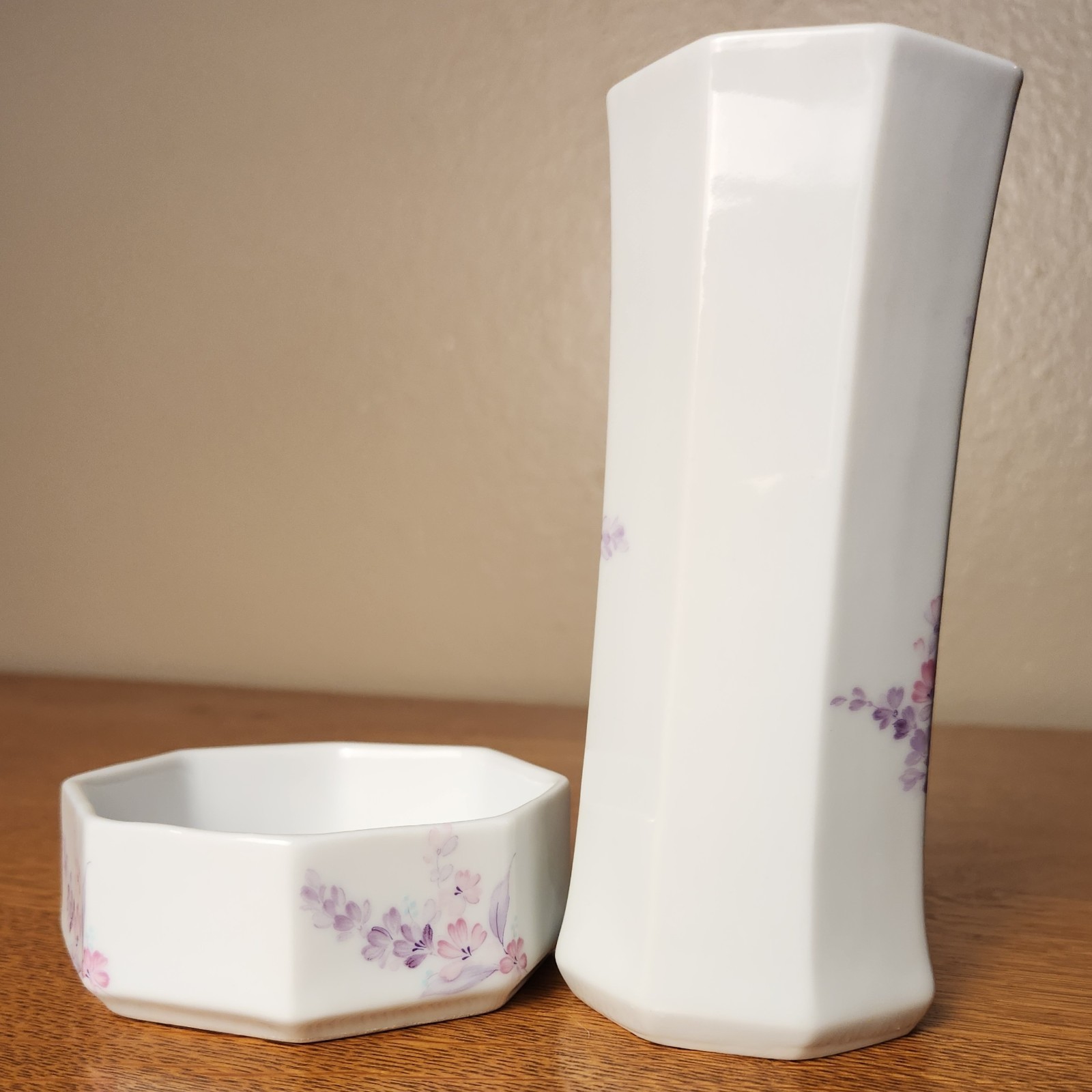 Vtg Set Irice White Porcelain Lavender & Pink Floral Trinket Dish & Vase Japan