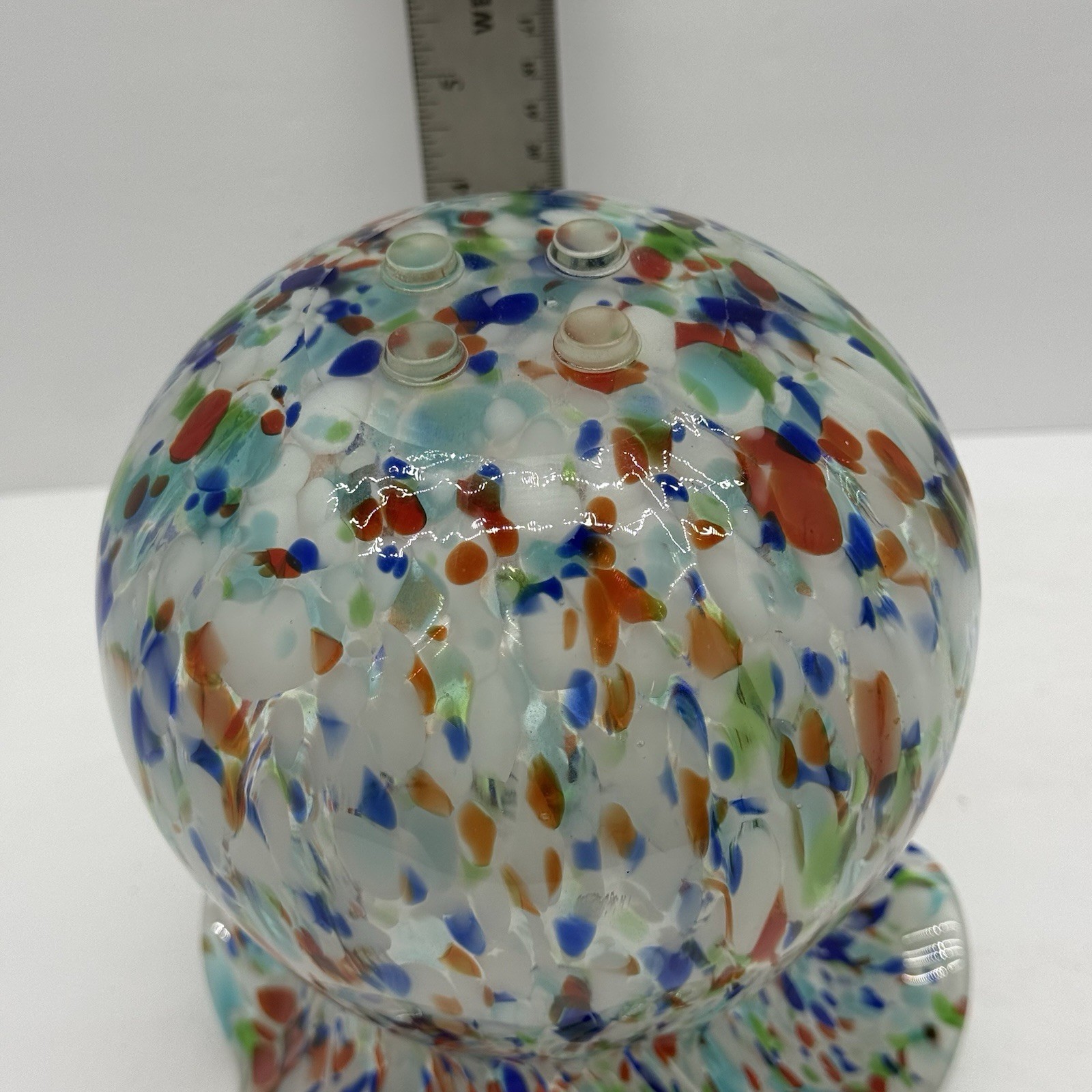 Vtg Murano Confetti Art Glass Vase Aqua Frit Ruffled Rim 4 Applied Glass Feet 7”