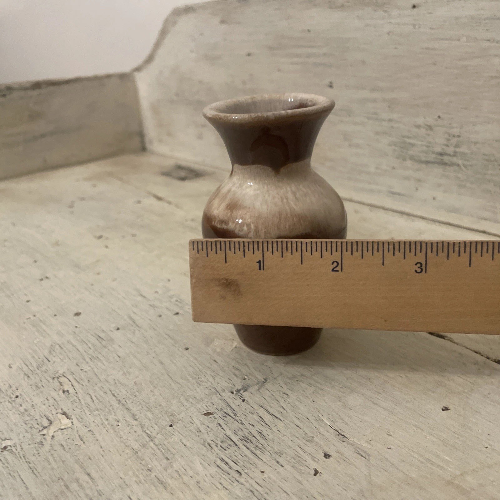 Small Stoneware Bud Vase Drip Glaze Brown & Cream 4” Cottage Cabin Core Decor