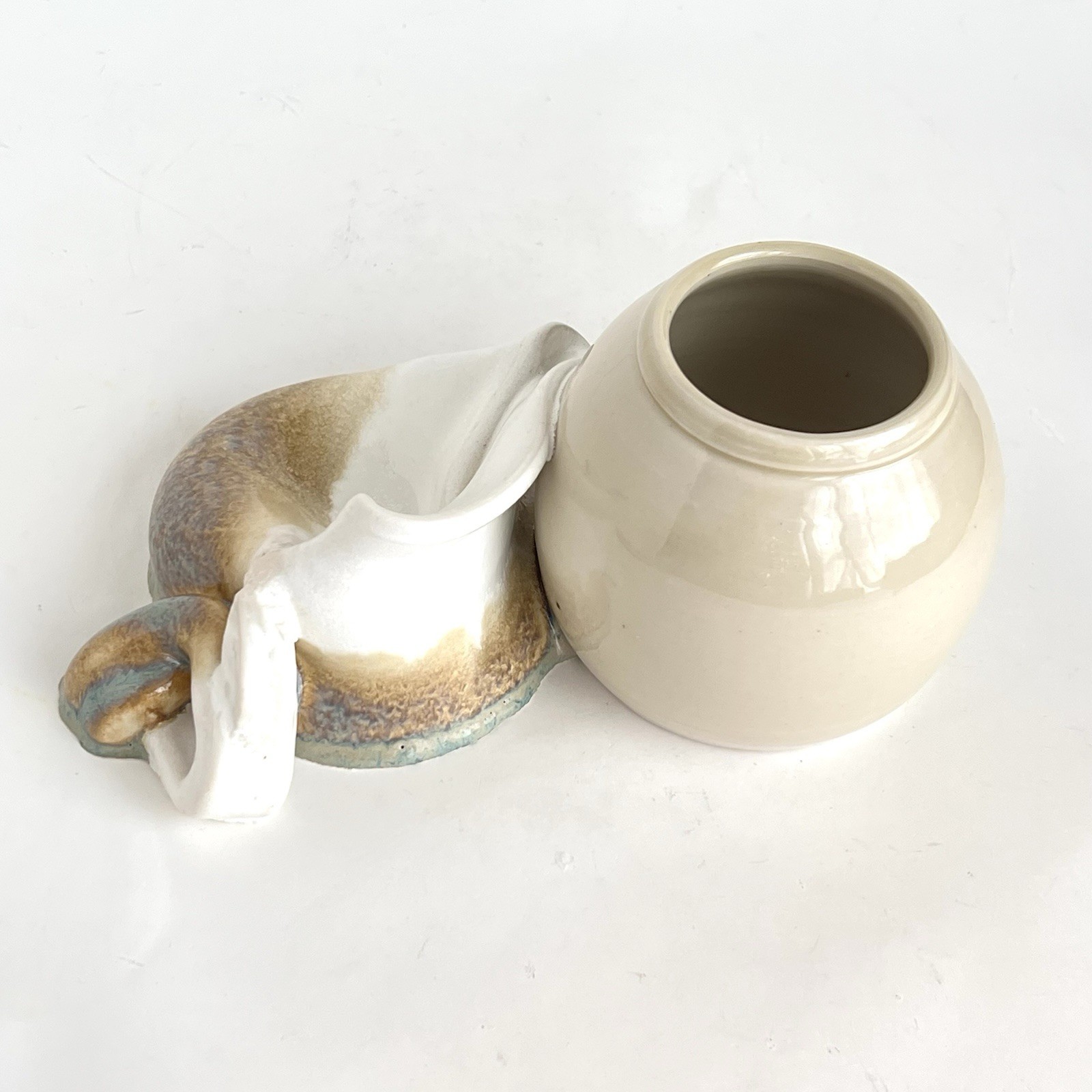 Squashed Melted Mug With Pot Planter Vase Art Pottery Cream And Brown Signed HB