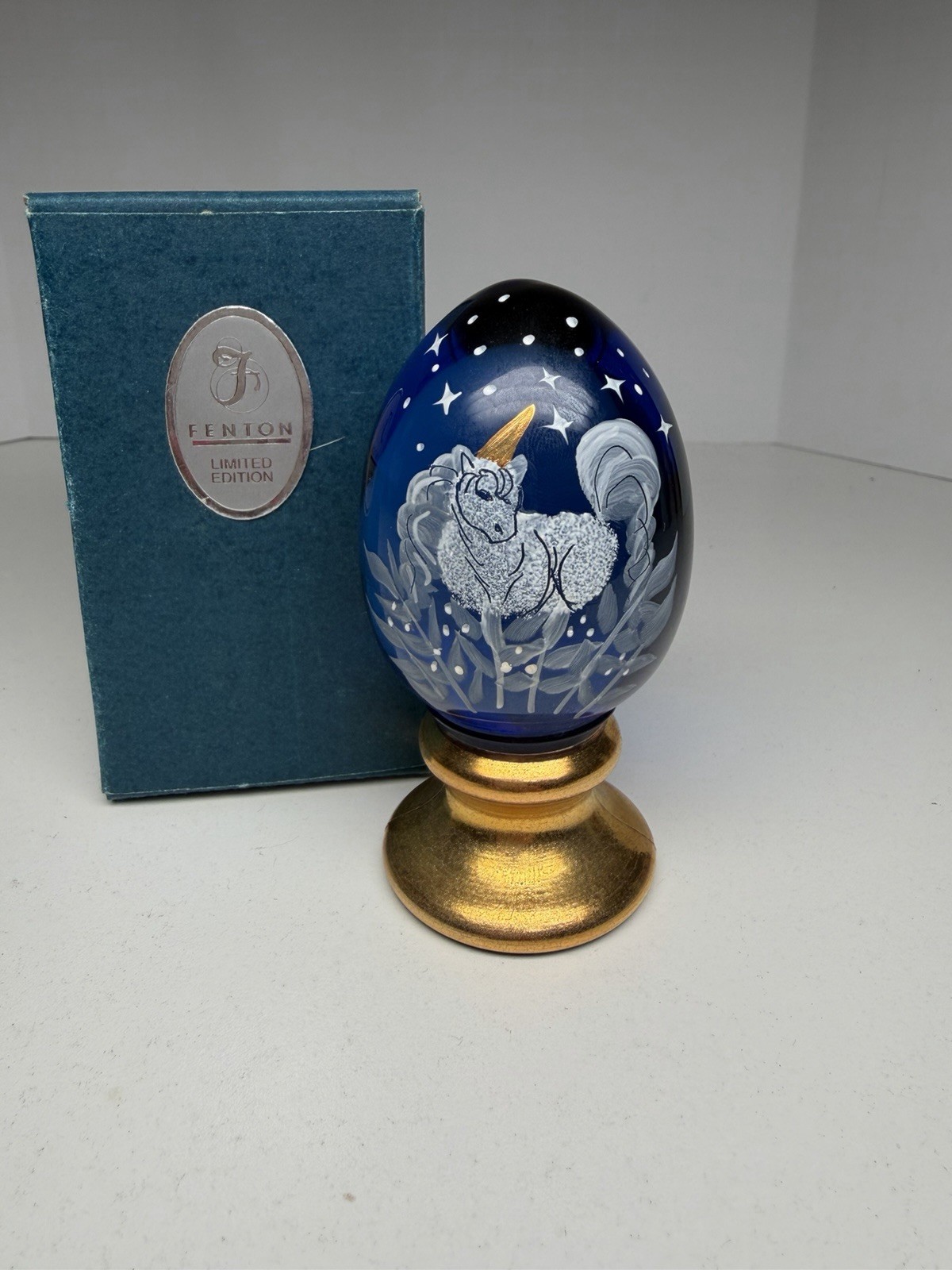 Vintage Rare Fenton Hand Painted Cobalt Blue Glass Unicorn Egg Signed & Numered