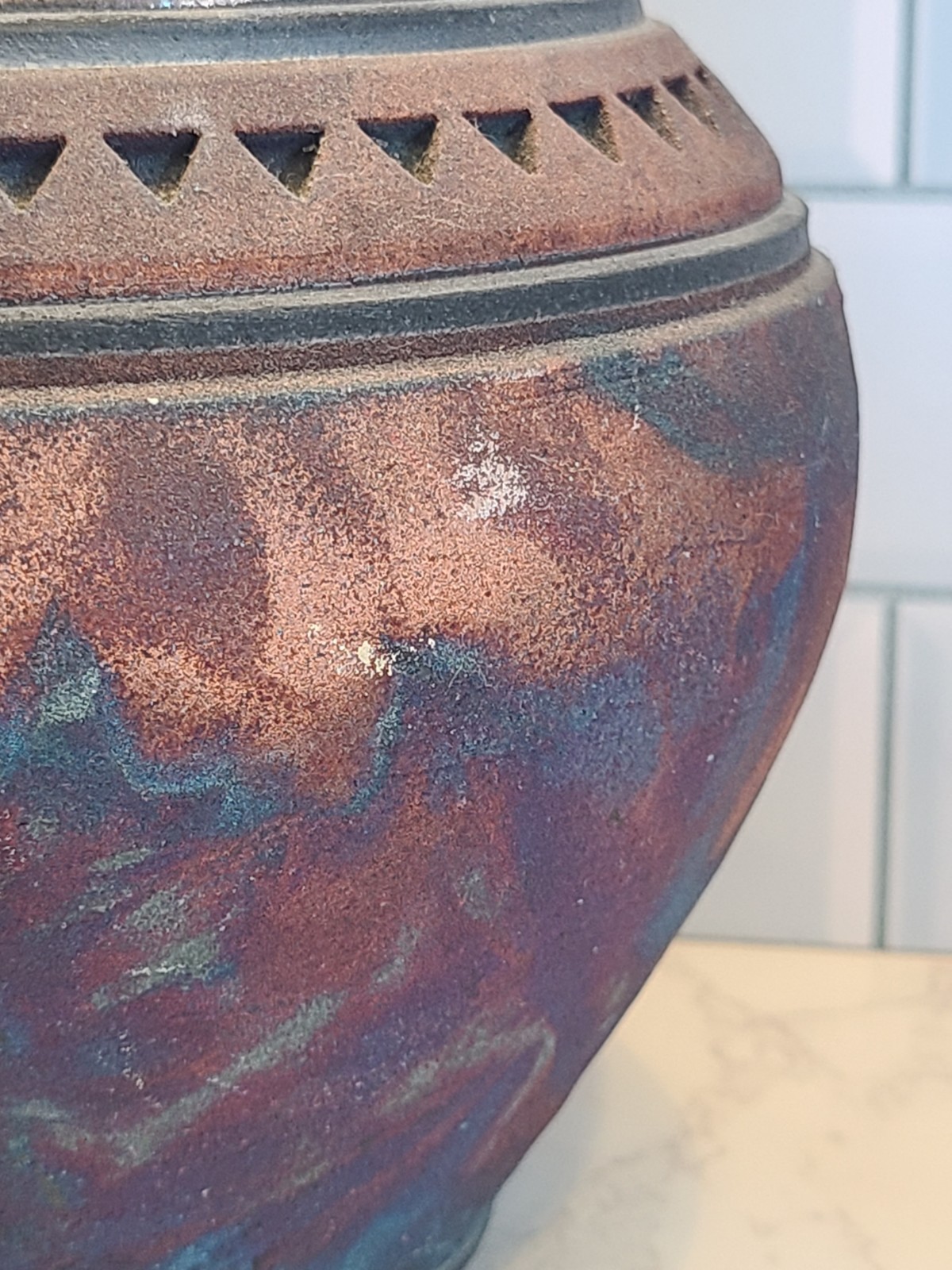John Melkonian Raku Studio Pottery Vase Incised Triangle Design Signed 2010 EUC
