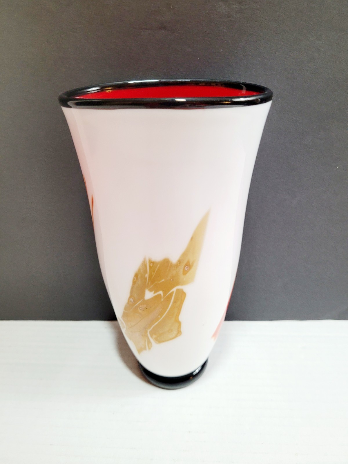 Vtg Nourot Art Glass Vase White Black Red Gold Confetti Swirl Signed 1996