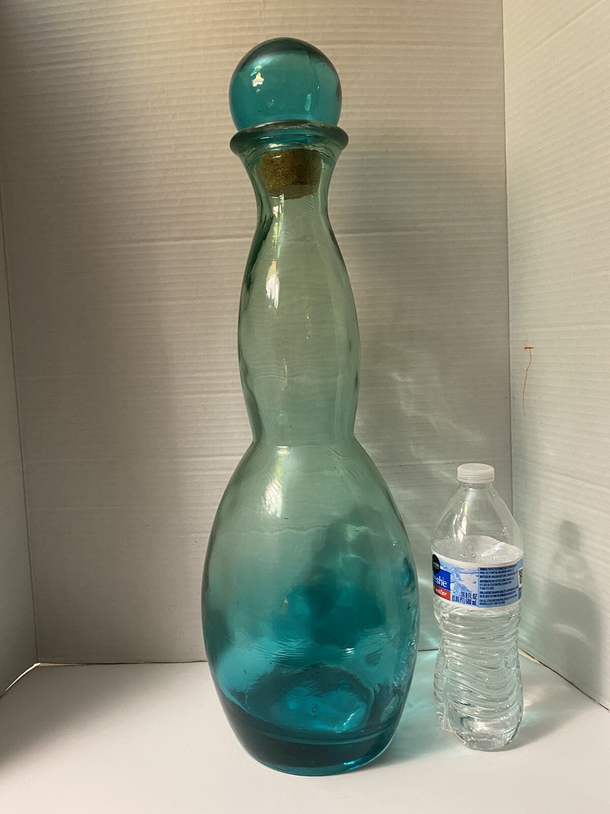 Vintage Green Glass Decanter Bottle with Round Cork Stopper Made In Spain 22.5”T