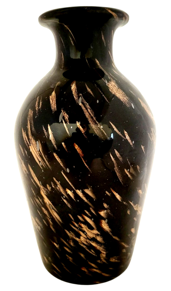 Vintage 1960s Black Gold Italian Adventurine Hollywood Regency Art Glass Vase 8″
