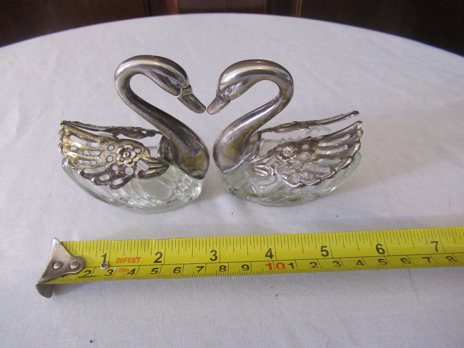 Vintage HONG KONG Silver & Glass Swan SALT & PEPPER HOLDER SET