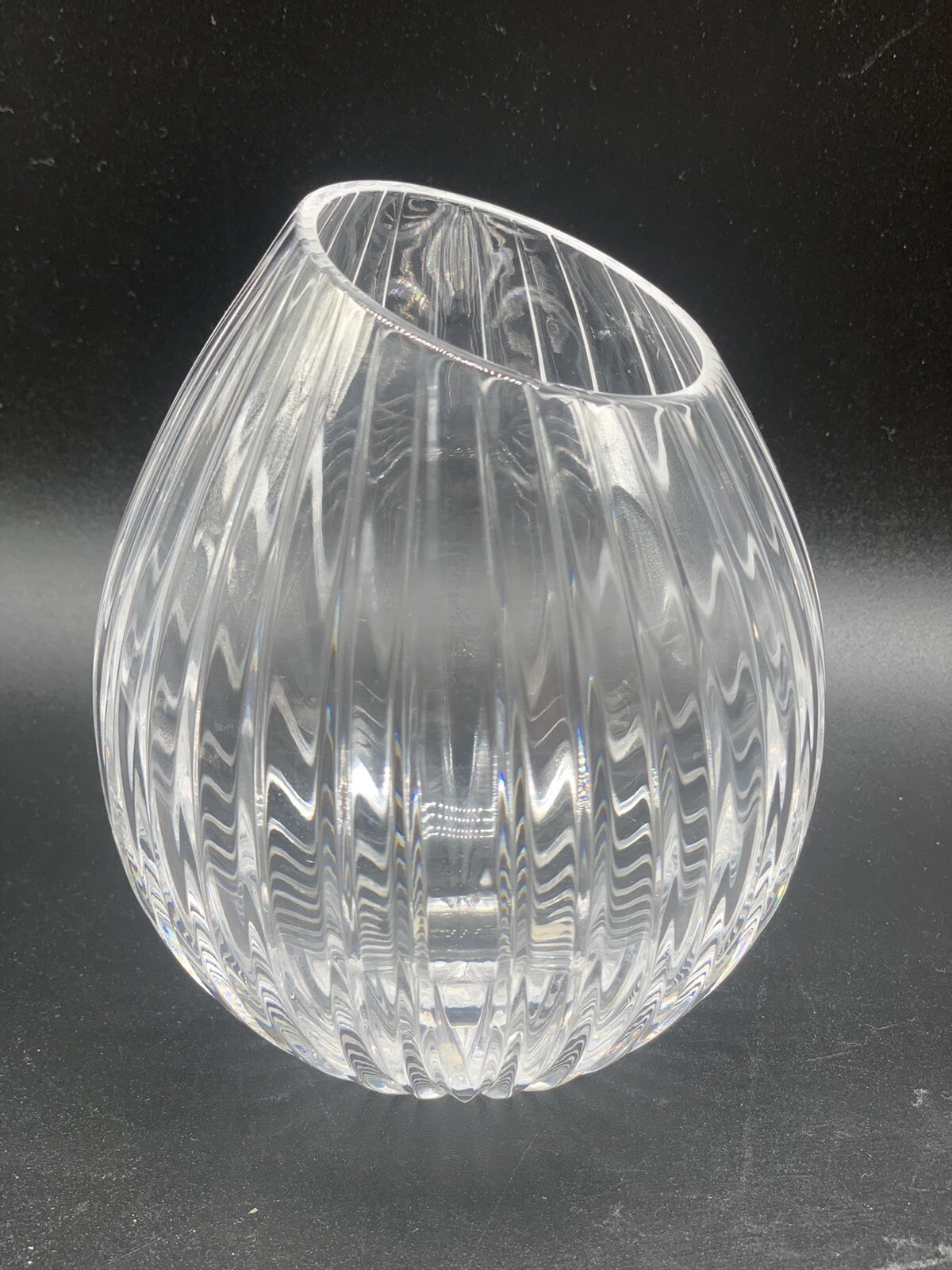 Atlantis Portugal Lead Crystal Slanted Vase Ribbed Cut Clear Art Glass Modernist