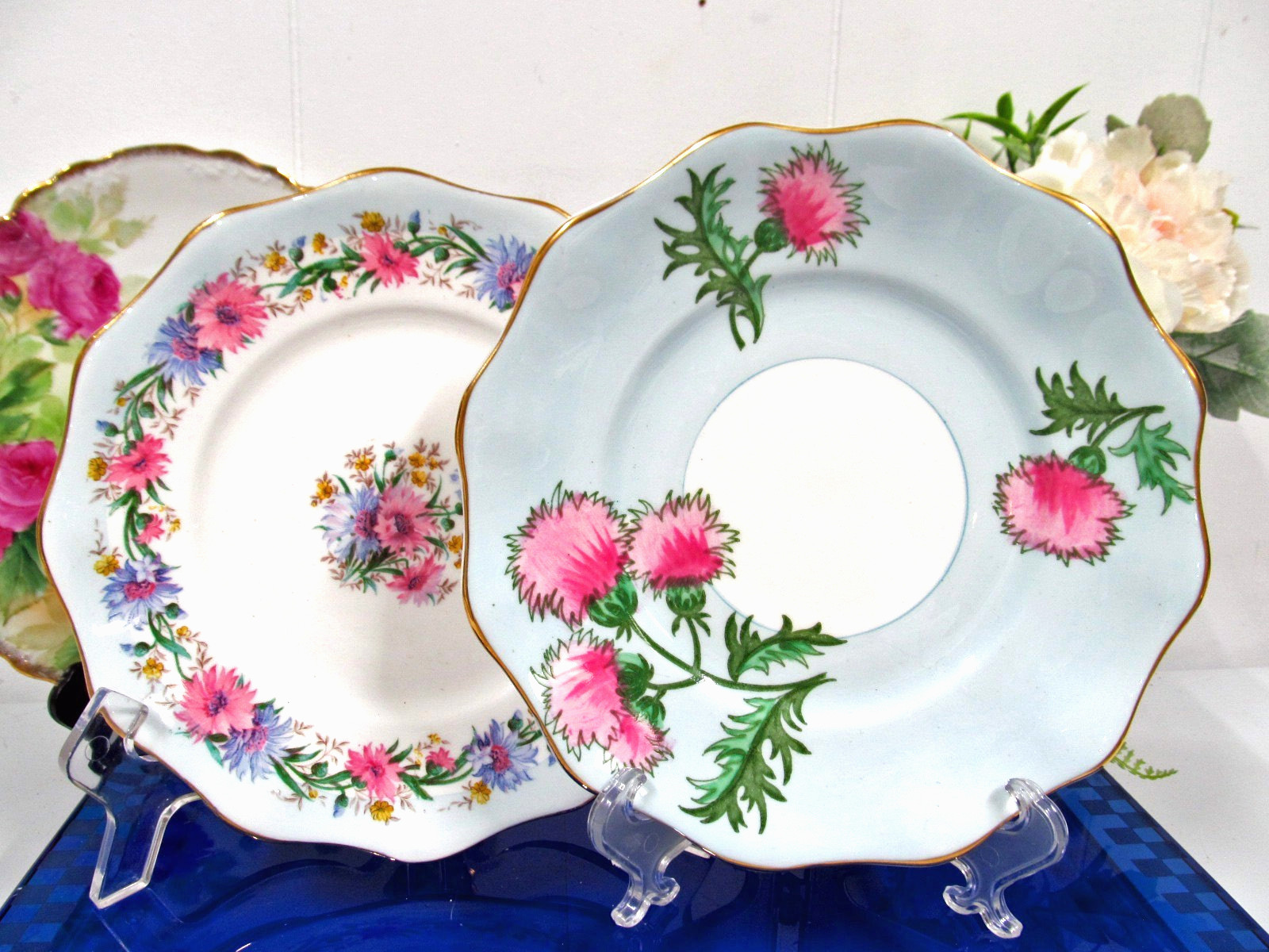 FOLEY set of 2 side lunch plates thistle and Cornflower painted made in England