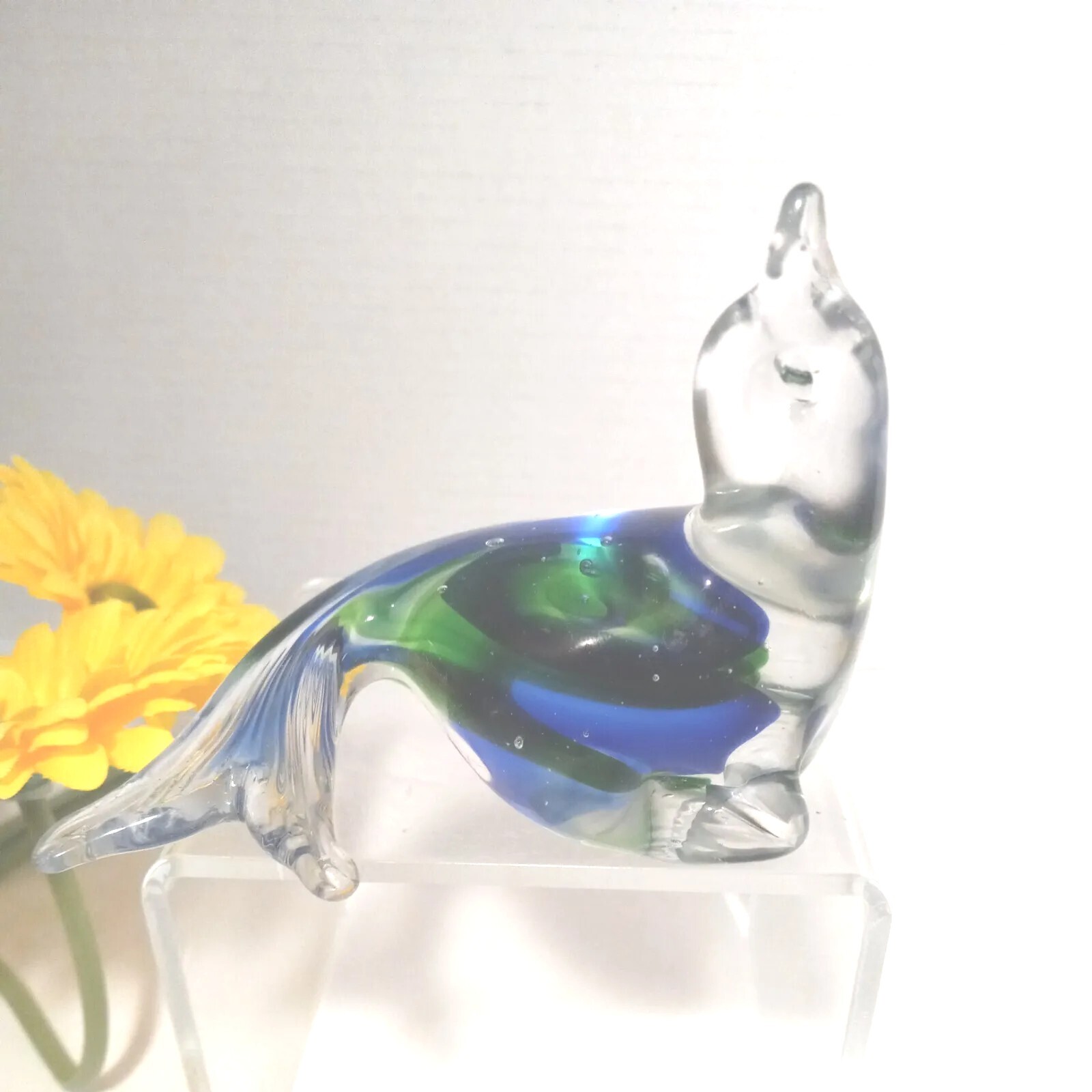 Vitage Murano Style Handblown Glass Seal Paperweight Blue Green Clear 3½”x4″
