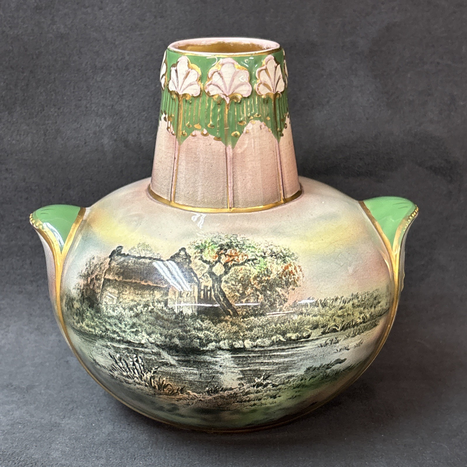 Royal Bonn Germany COTTAGE Art Nouveau Multicolor Two Handled Vase 5 1/2 Inches