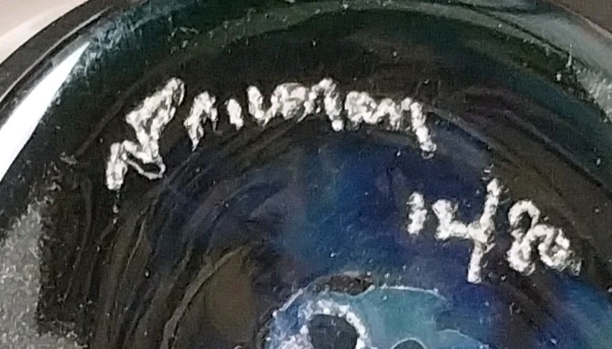 VTG Signed Nancy Freeman Art Glass Vase Peacock Feather 6.5″ Amazing & Perfect!!