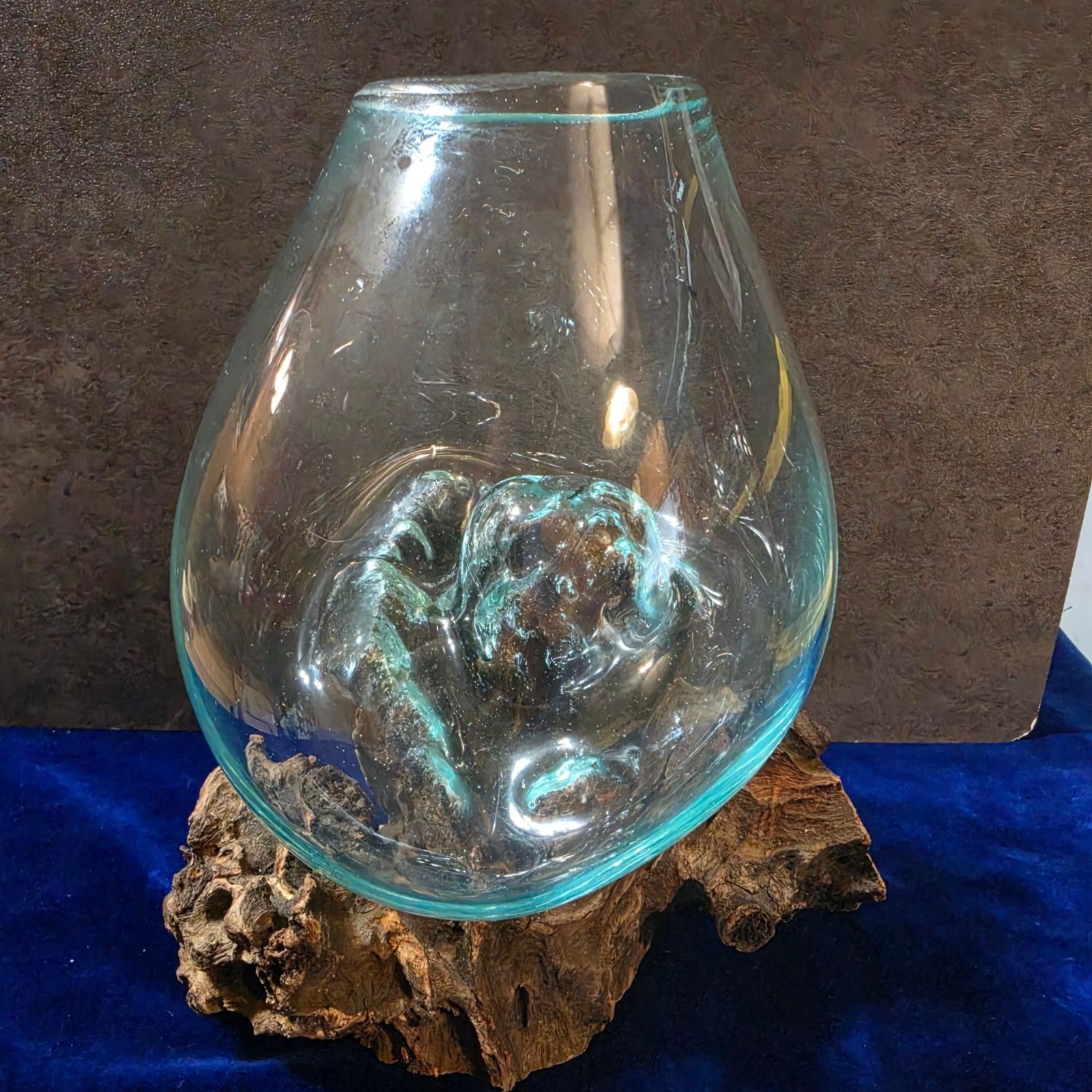 Hand Blown Molten Glass on Wood Root Base Vase 7.25″ Terrarium Planter Bali OOAK