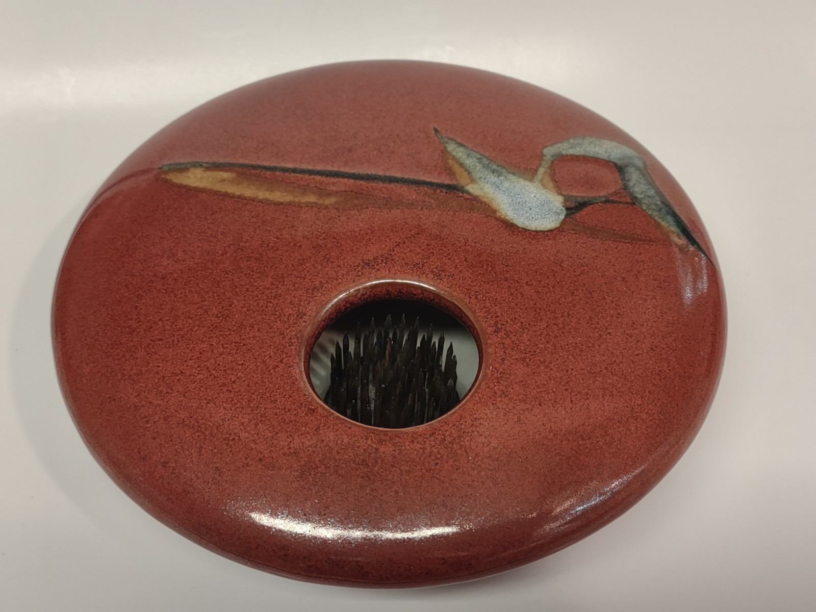 Ikebana Vase Burnt Orange, Metal Frog, 5 3/4″ Diameter Signed Georgetown Pottery