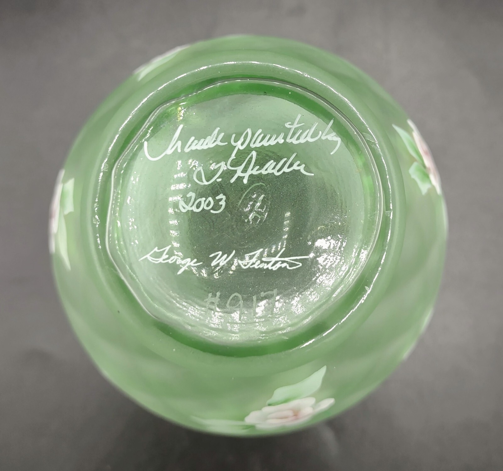 Fenton Heirloom Roses Willow Green Vase Satin Opalescent Glass Signed Dated 5.5″