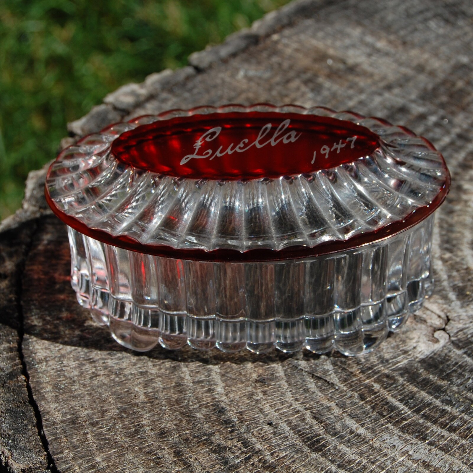 Vintage Ruby Stain Flash Glass Souvenir Covered Vanity Dresser Box 1947 LUELLA