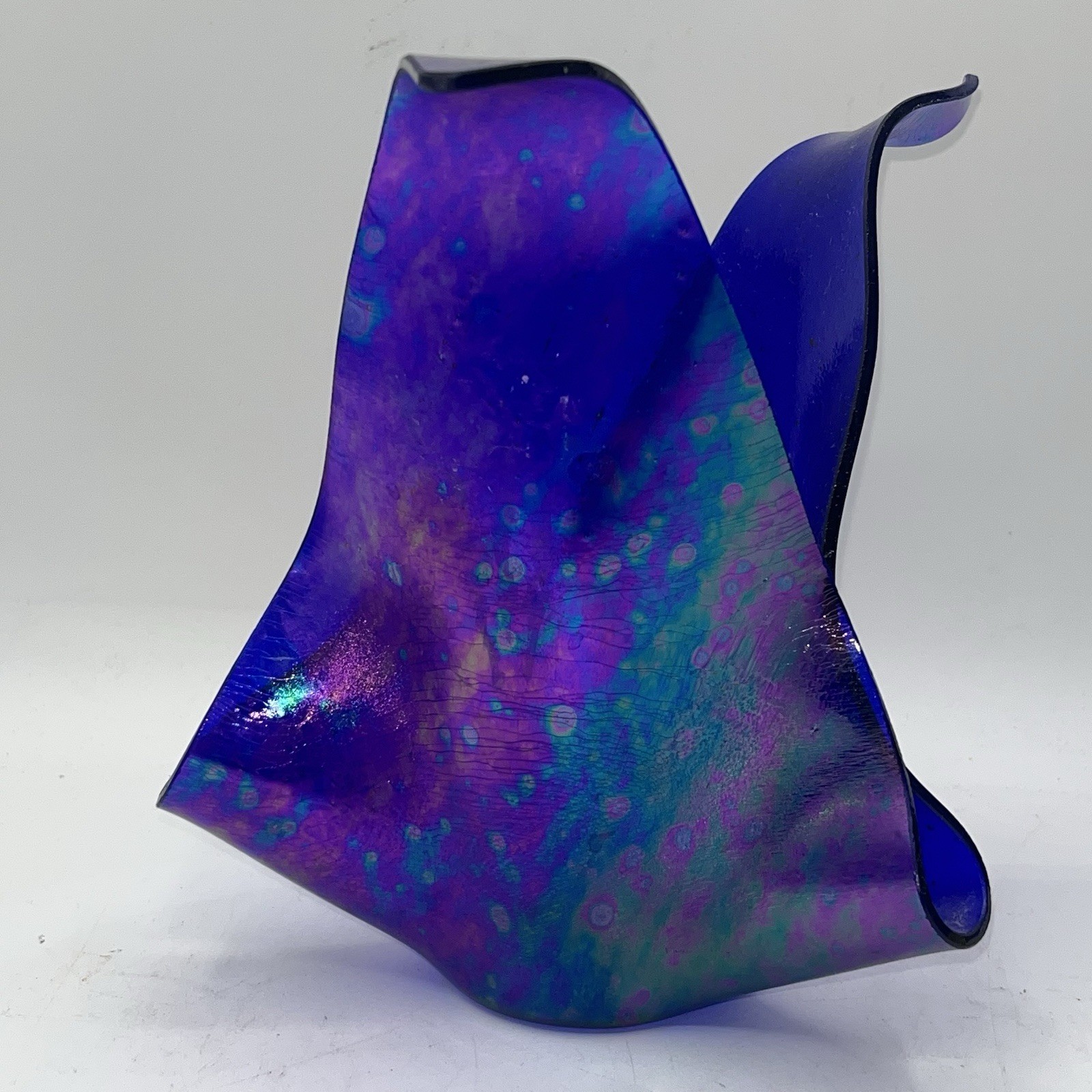 Iridescent Cobalt Blue Handkerchief Fused Art Glass Sculpture Vase Bowl 7”
