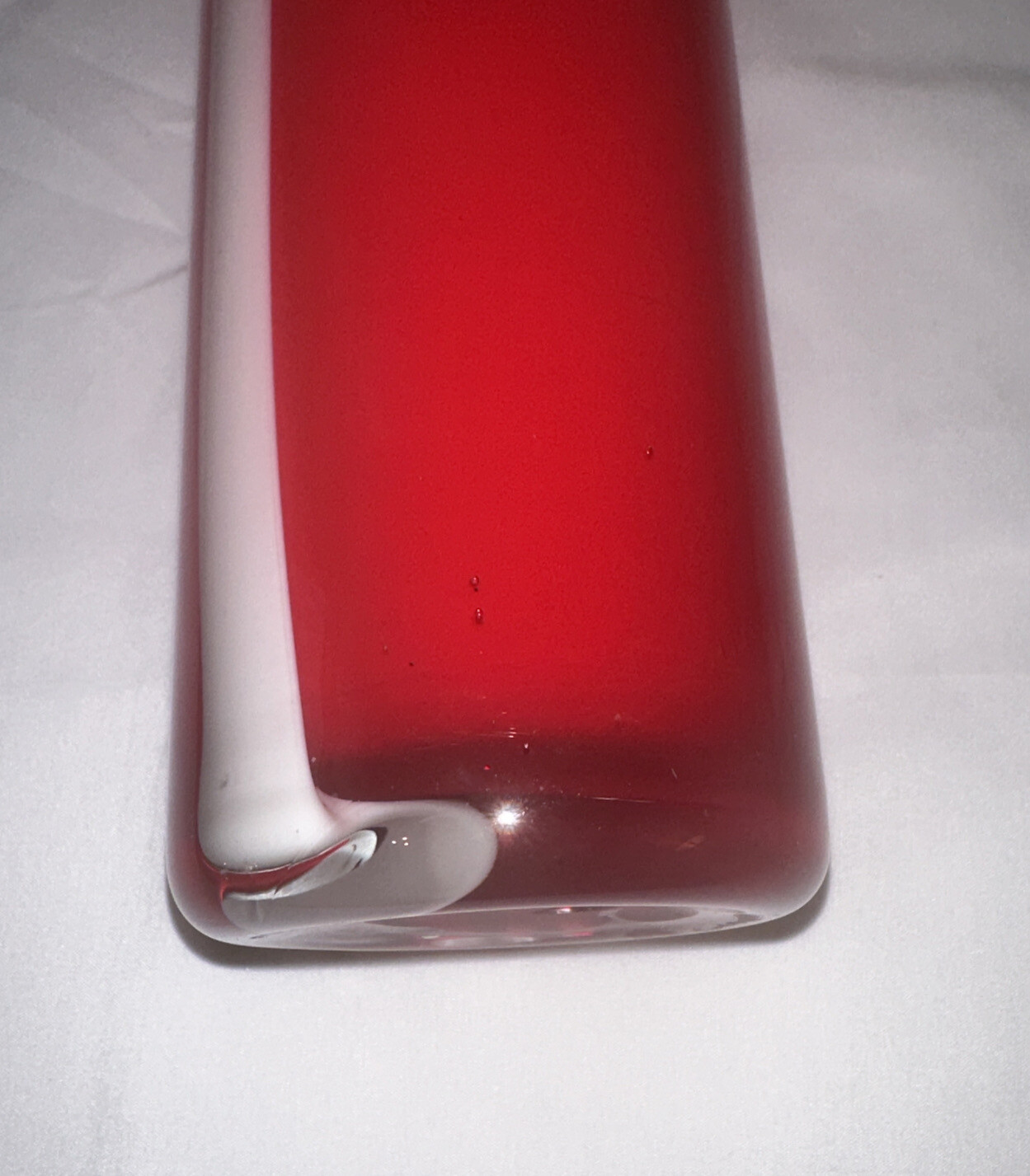 Red Fused Art Glass Cylinder Vase with White Accent Stripe, 15.75” H 3 1/4” dia