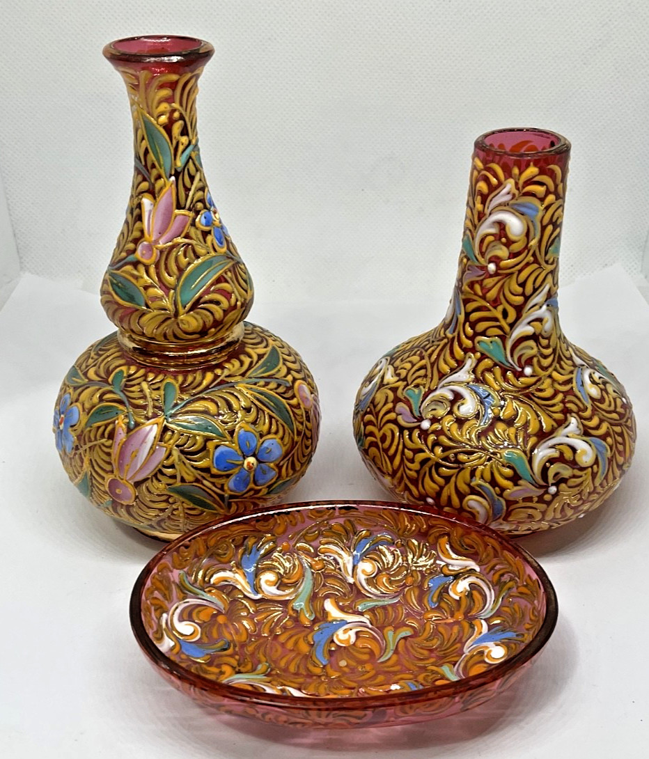 Antique Moser Bohemia Cranberry Enameled Glass Lot 3 Pcs , 2 Vase 1 Dish
